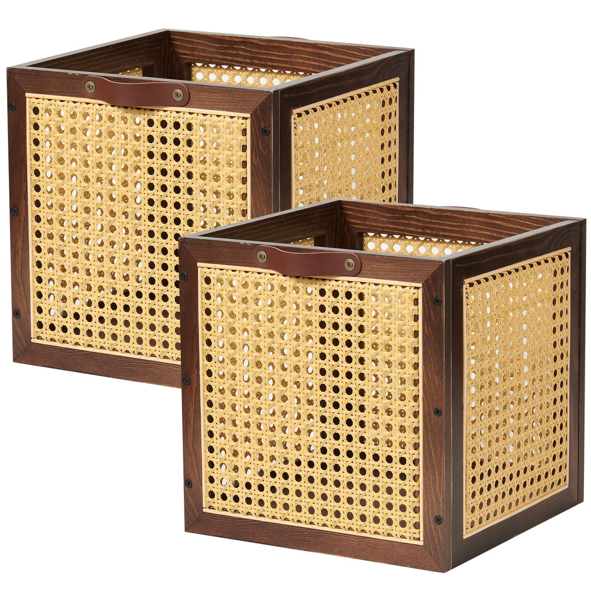 VinneGenzz 2PCS Rattan Storage Cubes Decorative Handmade Wooden Basket Box
