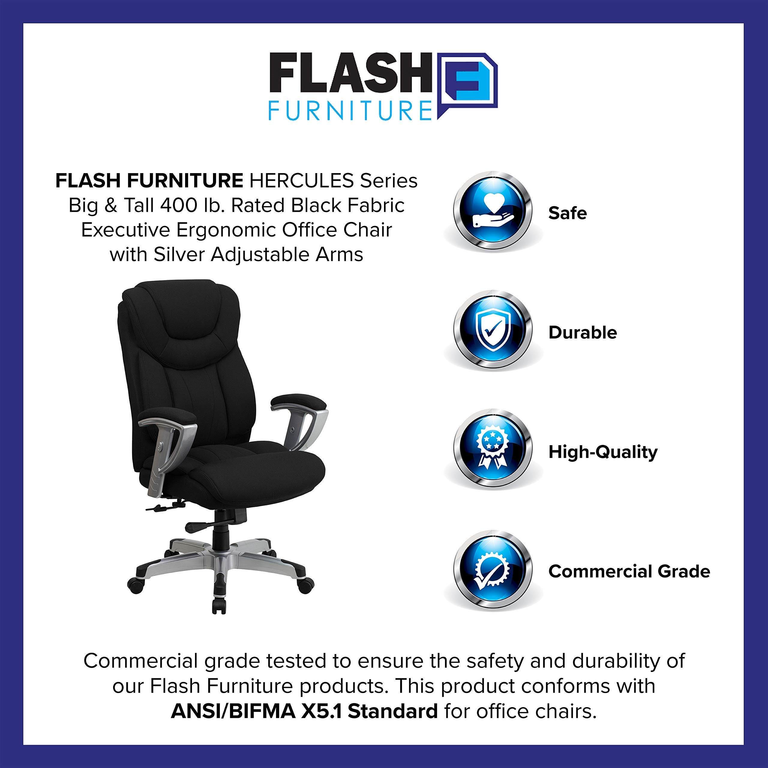 Flash Furniture HERCULES Series Big & Tall 400 lb. Rated Black Fabric Executive Ergonomic Office Chair with Silver Adjustable Arms