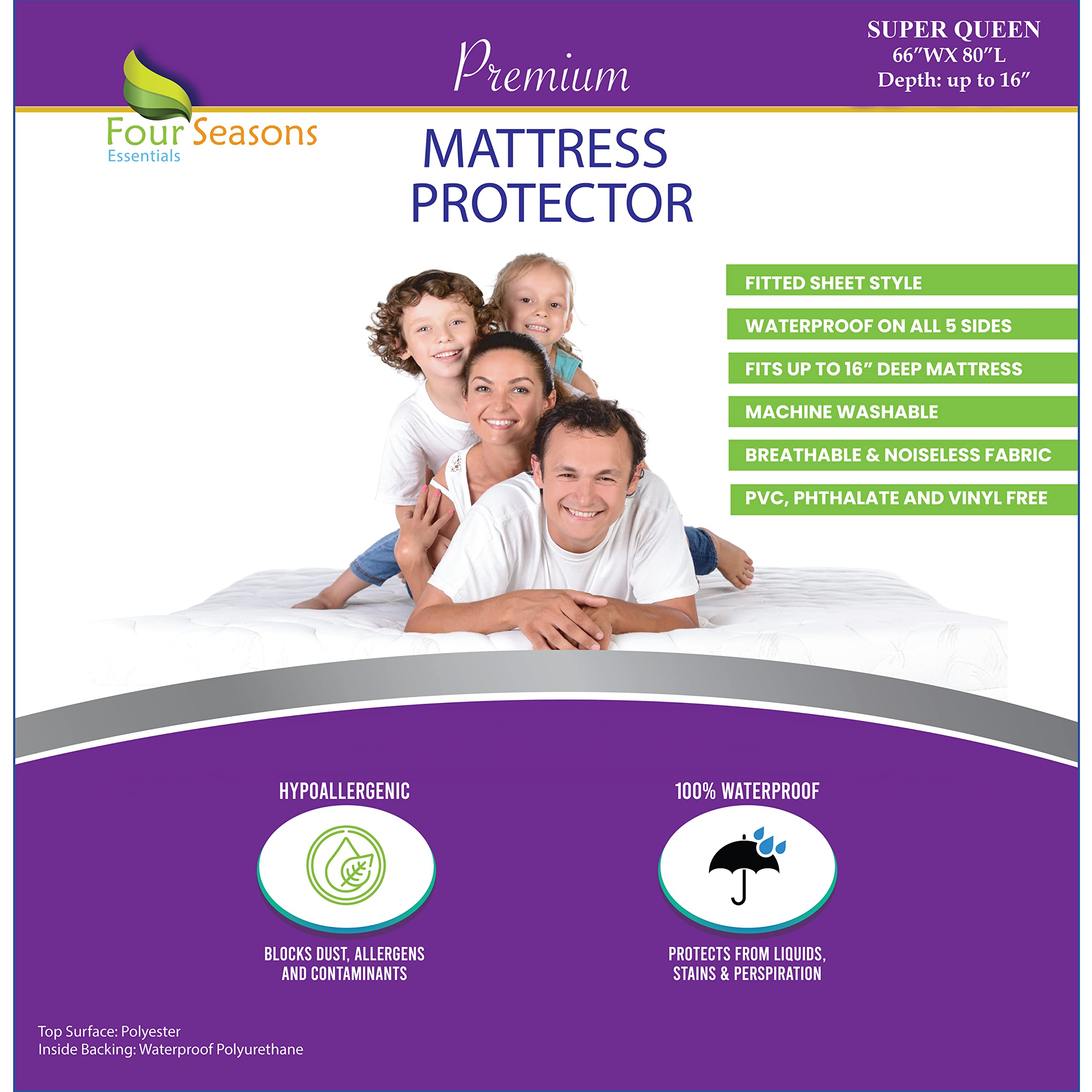 Olympic Queen (66'X80') Waterproof Mattress Protector - Super Queen Size Fitted Sheet Style - Hypoallergenic Premium Quality C
