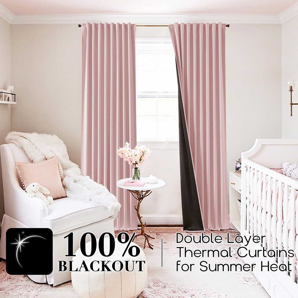 Shineland Nursery Curtains For Girls Room,Black Out Back Tab Rod Pocket Hooks Pleat Preppy Pink Blackout Curtains 2 Panels 63 In