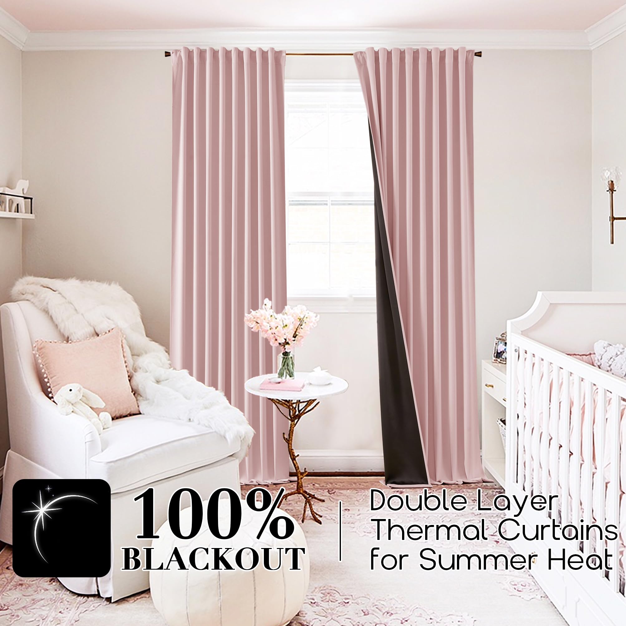 Shineland Nursery Curtains For Girls Room,Black Out Back Tab Rod Pocket Hooks Pleat Preppy Pink Blackout Curtains 2 Panels 63 In