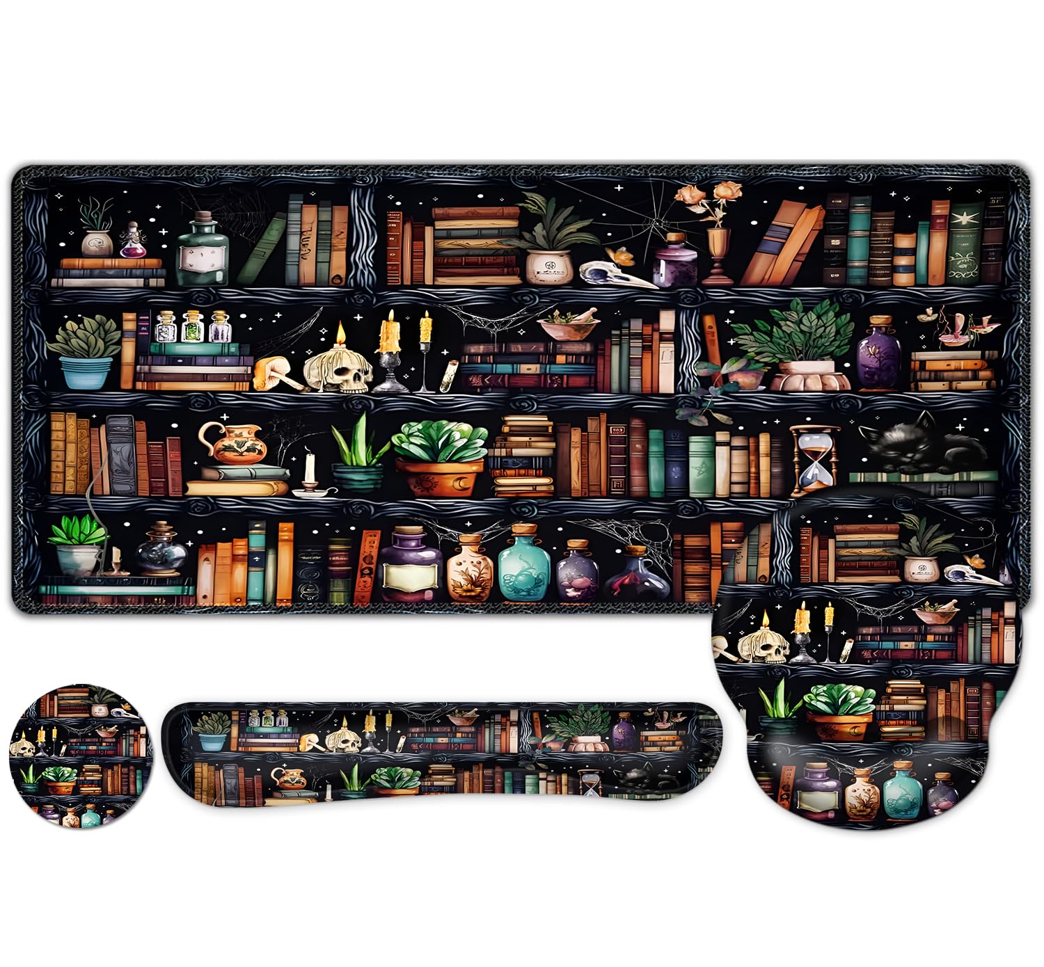 Forest Library Books Mouse Pad, XXL Large Desk Mat Extended Nature Aesthetic Deskpad, 4 PCS Non-Slip Rubber Base Computer Mouse 