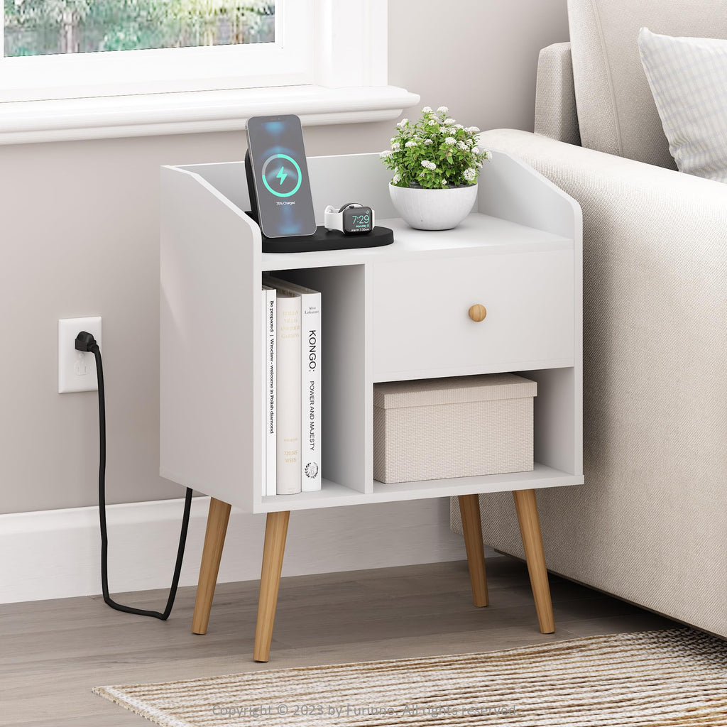 Furinno Claude Mid Century Style End Table, Side Table with USB and Type-C Charging Station, White