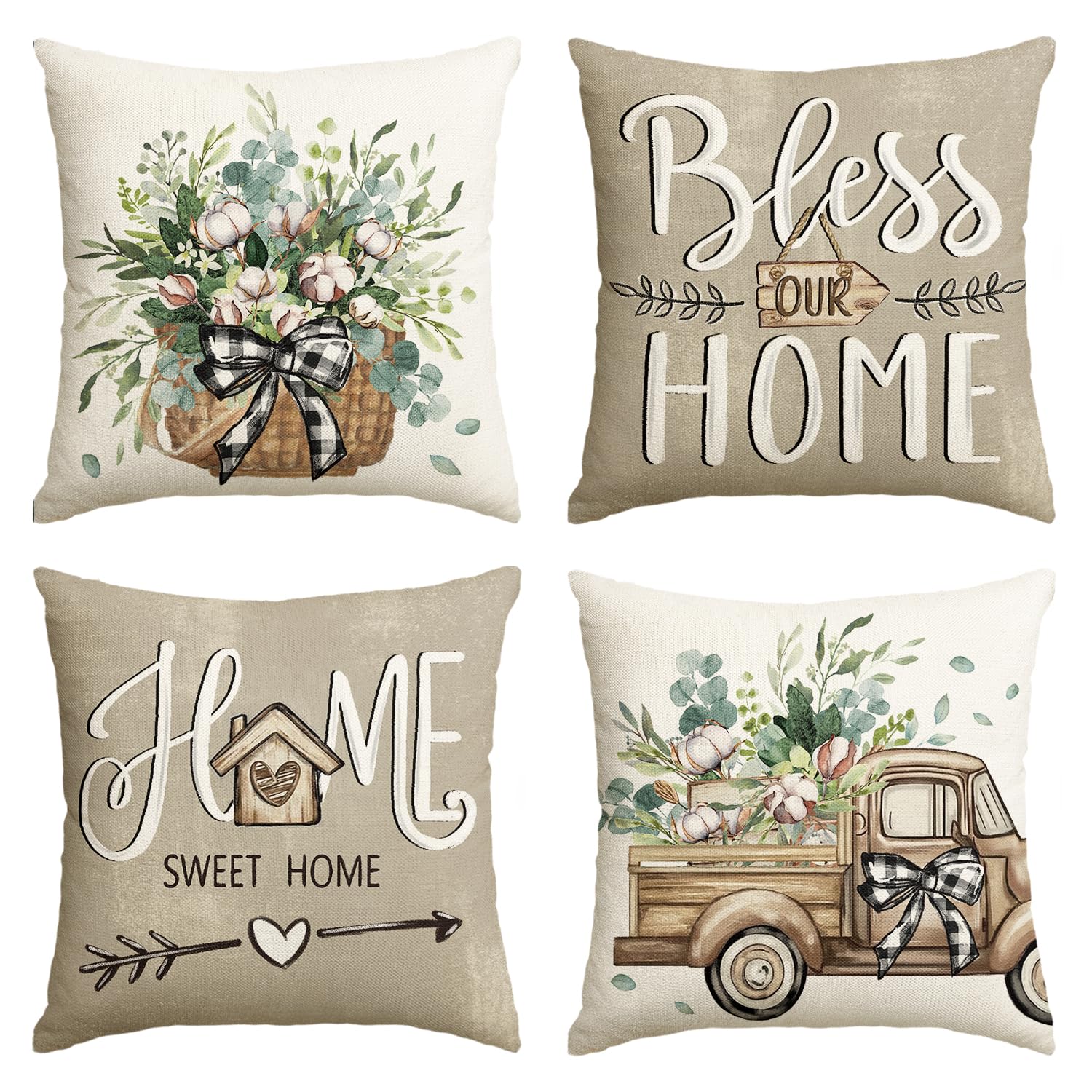 Avoin Colorlife Bless Our Home Sweet Home Farmhouse Eucalyptus Leaves Throw Pillow Covers, 20 X 20 Inch Truck Cushion Case Decor