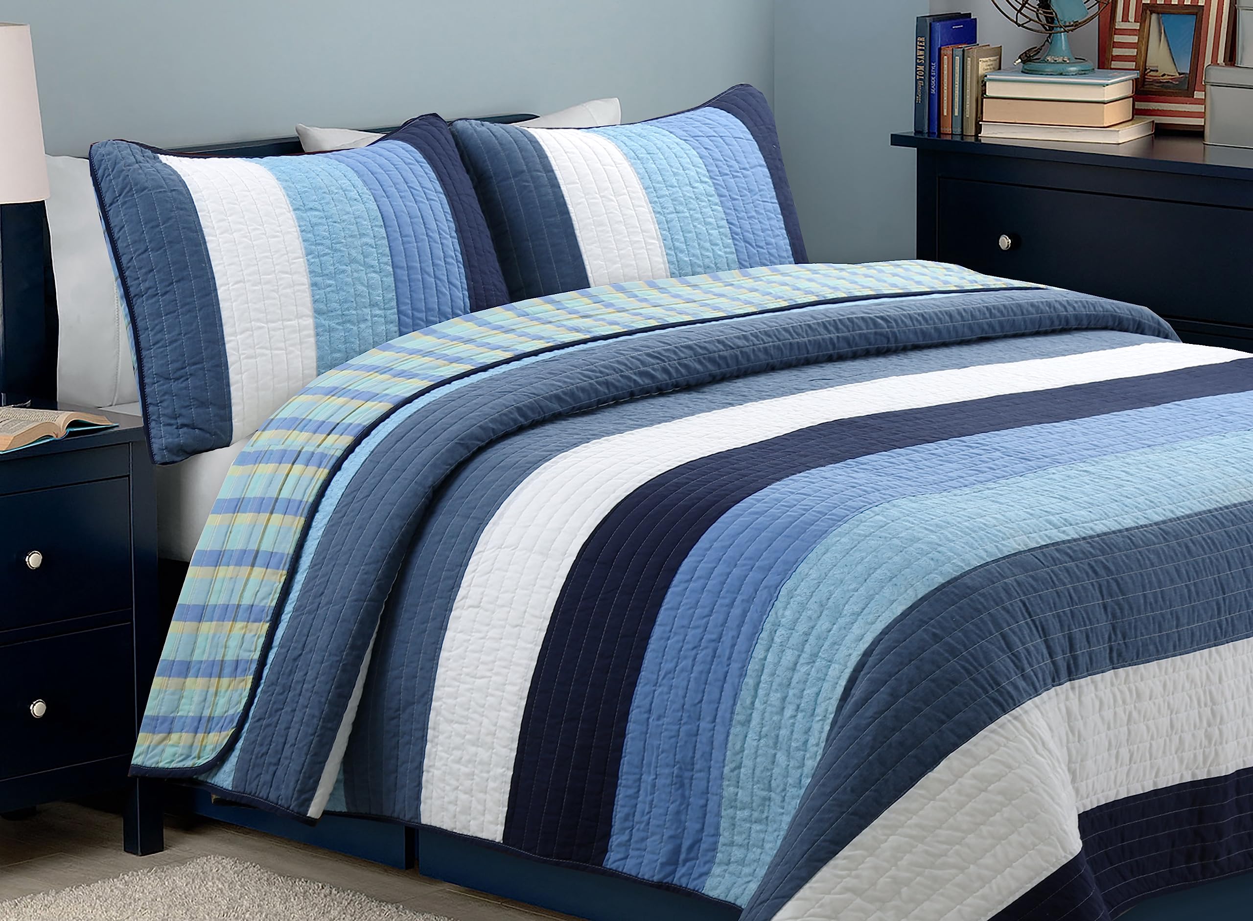 Cozy Line Home Fashions Navy Blue Striped Boy 100% Cotton Reversible Quilt Bedding Set, All-Season Coverlet Bedspread (Preston,