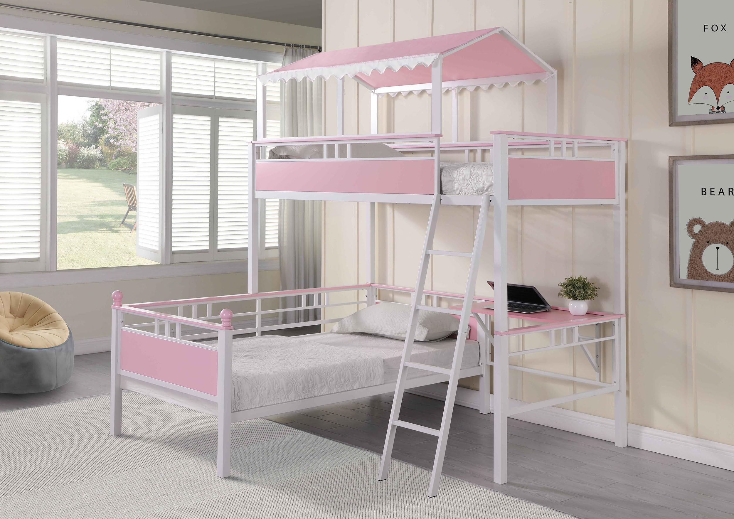 Coaster Home Furnishings Alexia Contemporary Metal Twin Over Twin Size Workstation Bunk Bed Frame with Ladder and Guardrails Fully Slatted Mattress Ready Foundation Pink 400119