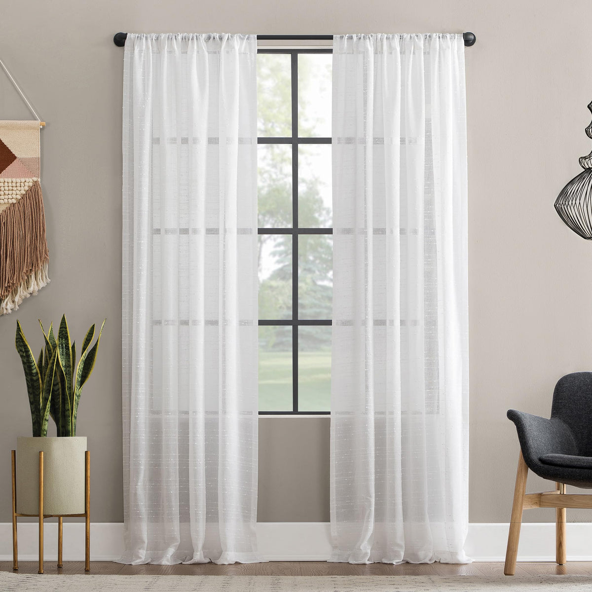 Clean Window Textured Slub Stripe AntiDust Allergy/Pet Friendly Sheer Curtain Panel, 52 x 84, White