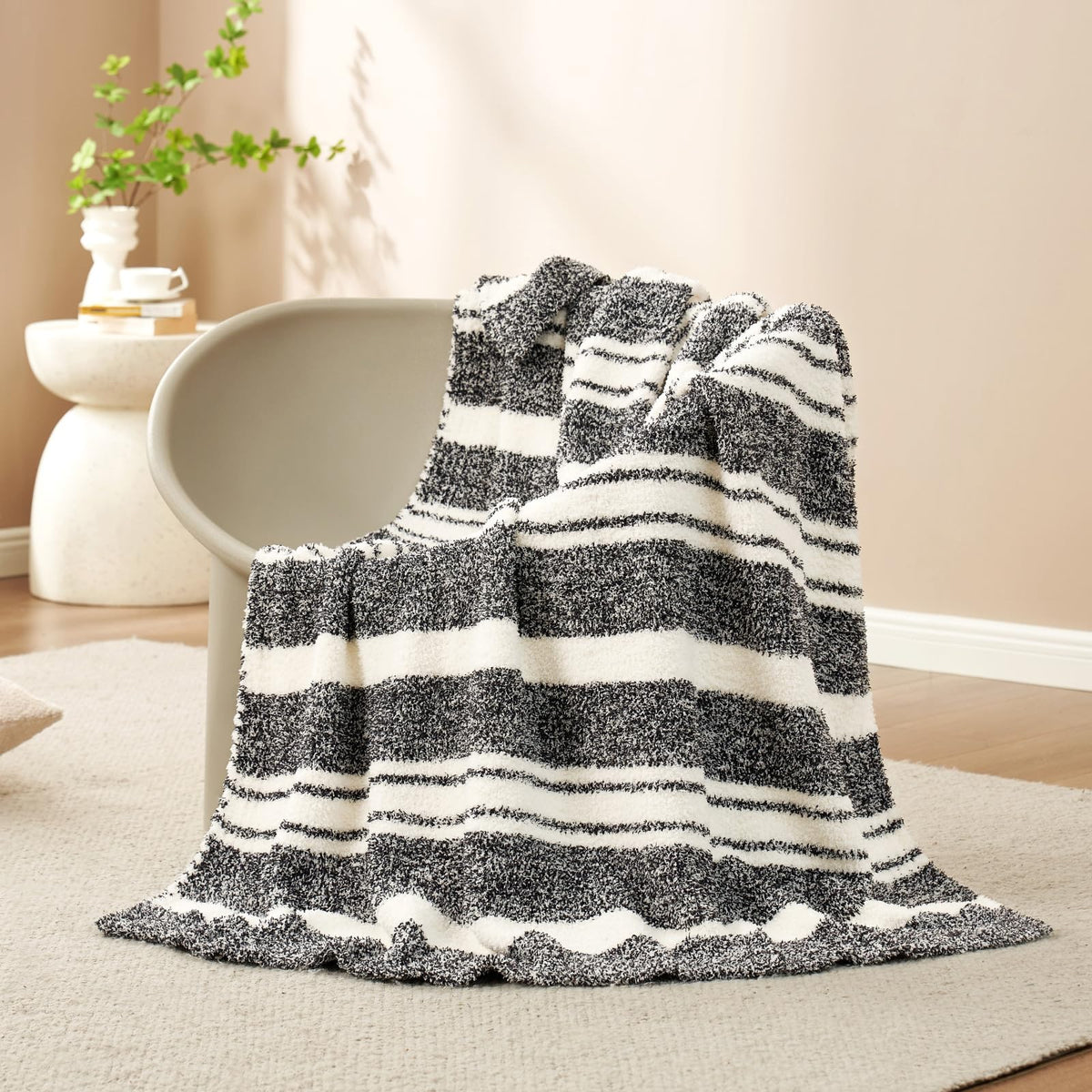 Snuggle Sac Stripe Black Throw Blanket For Couch, Reversible Super Soft Warm Blankets Cozy Knit Fuzzy Plush Lightweight Throws F