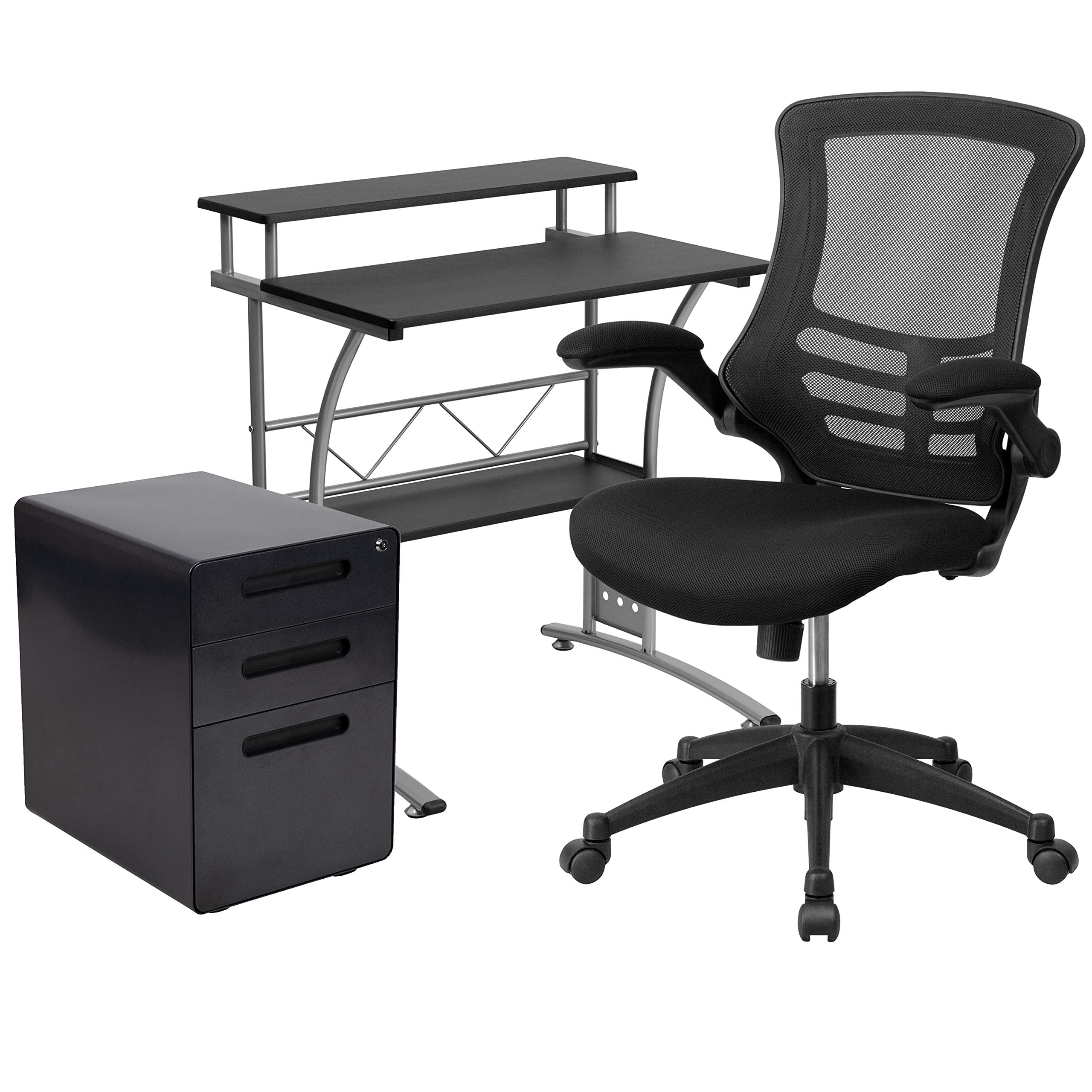 Flash Furniture Work From Home Kit - Black Computer Desk, Ergonomic Mesh Office Chair And Locking Mobile Filing Cabinet With Inset Handles