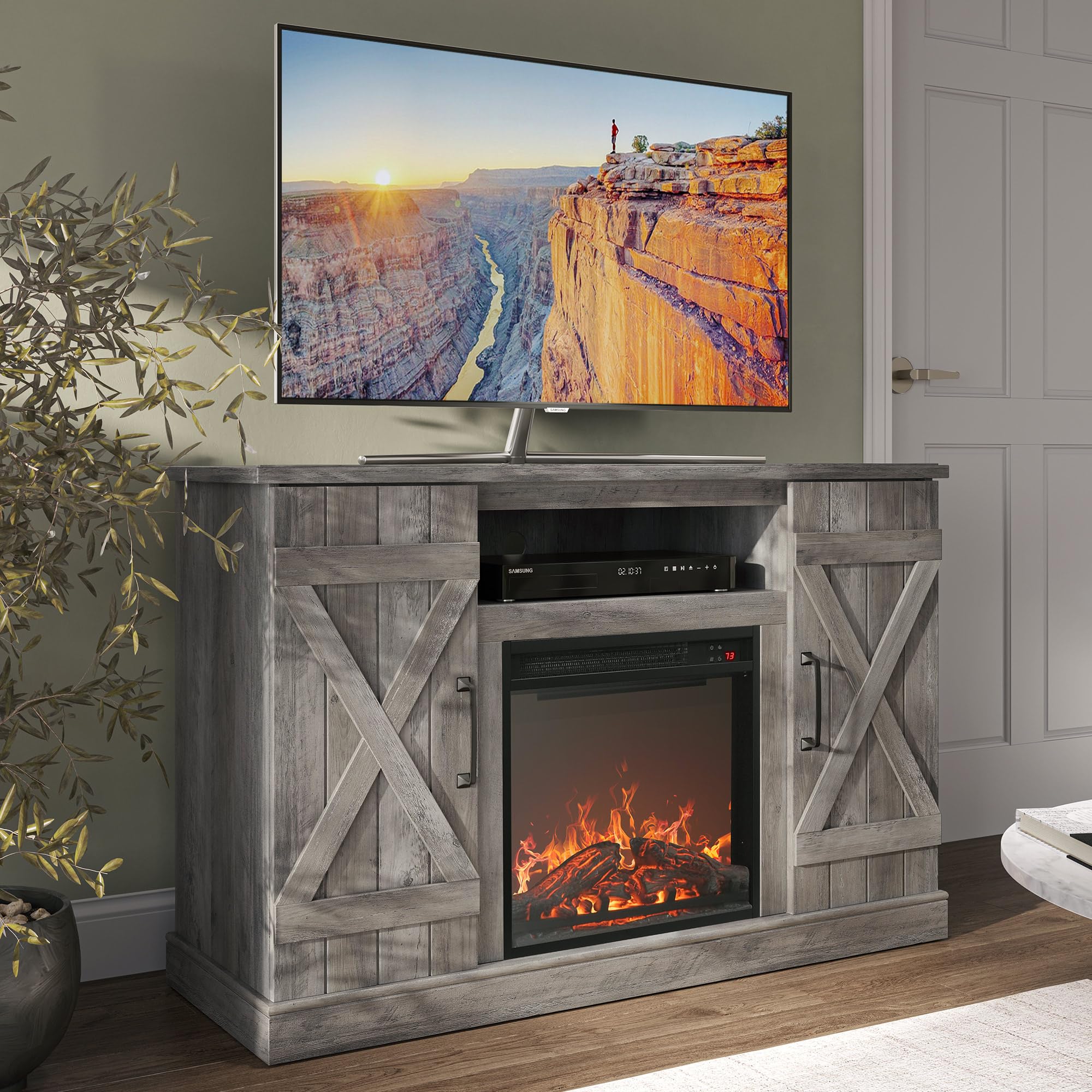 Belleze 47' Tv Stand With 18' Electric Fireplace Heater & Media Entertainment Center Console Table For Tv Up To 50' With Open Storage Shelves & Cabinets - Veropeso (Grey Wash)