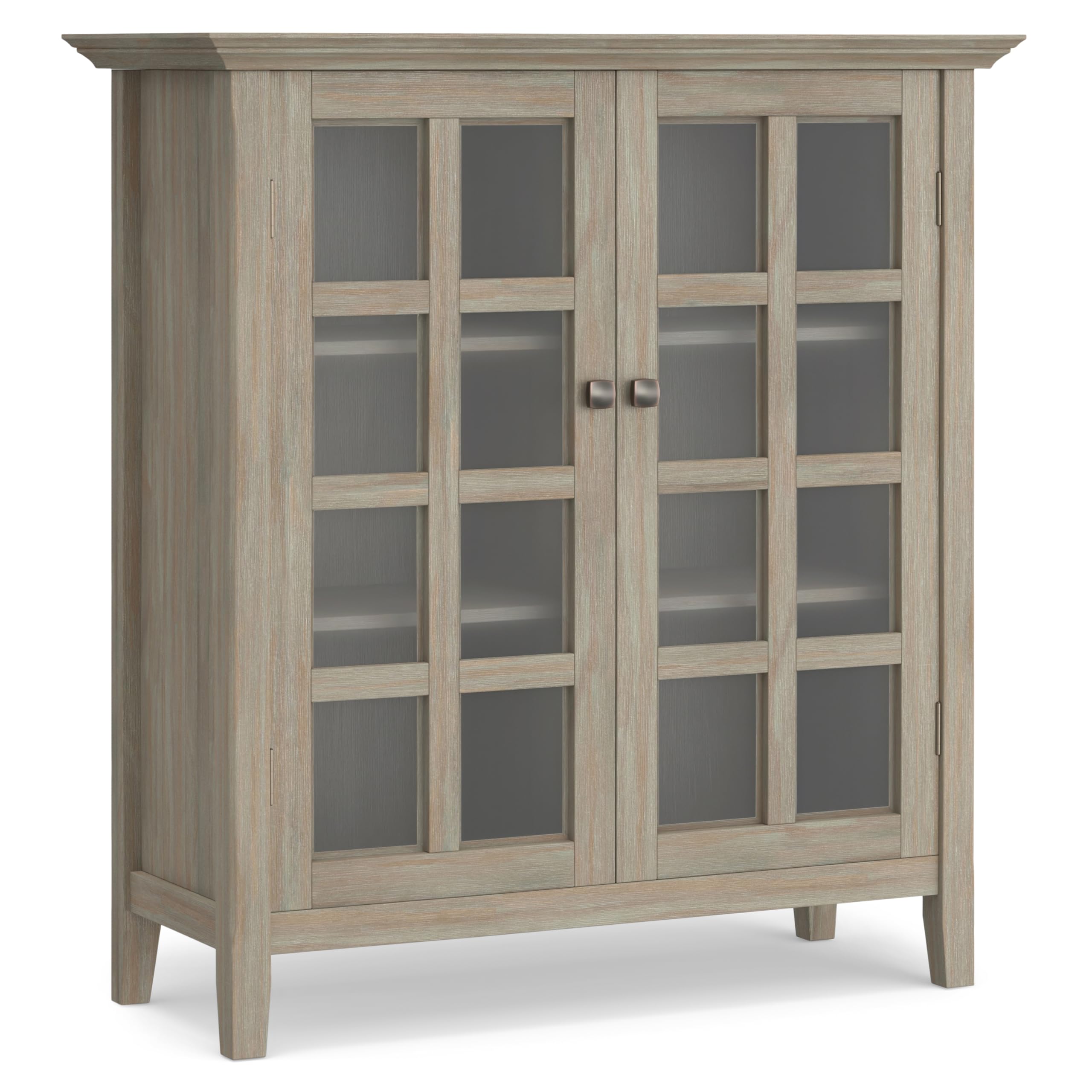 SIMPLIHOME Acadian Storage Cabinet - 39 inch Wide Solid Wood 4-Shelf Display Cabinet in Distressed Grey, Transitional Cupboard f