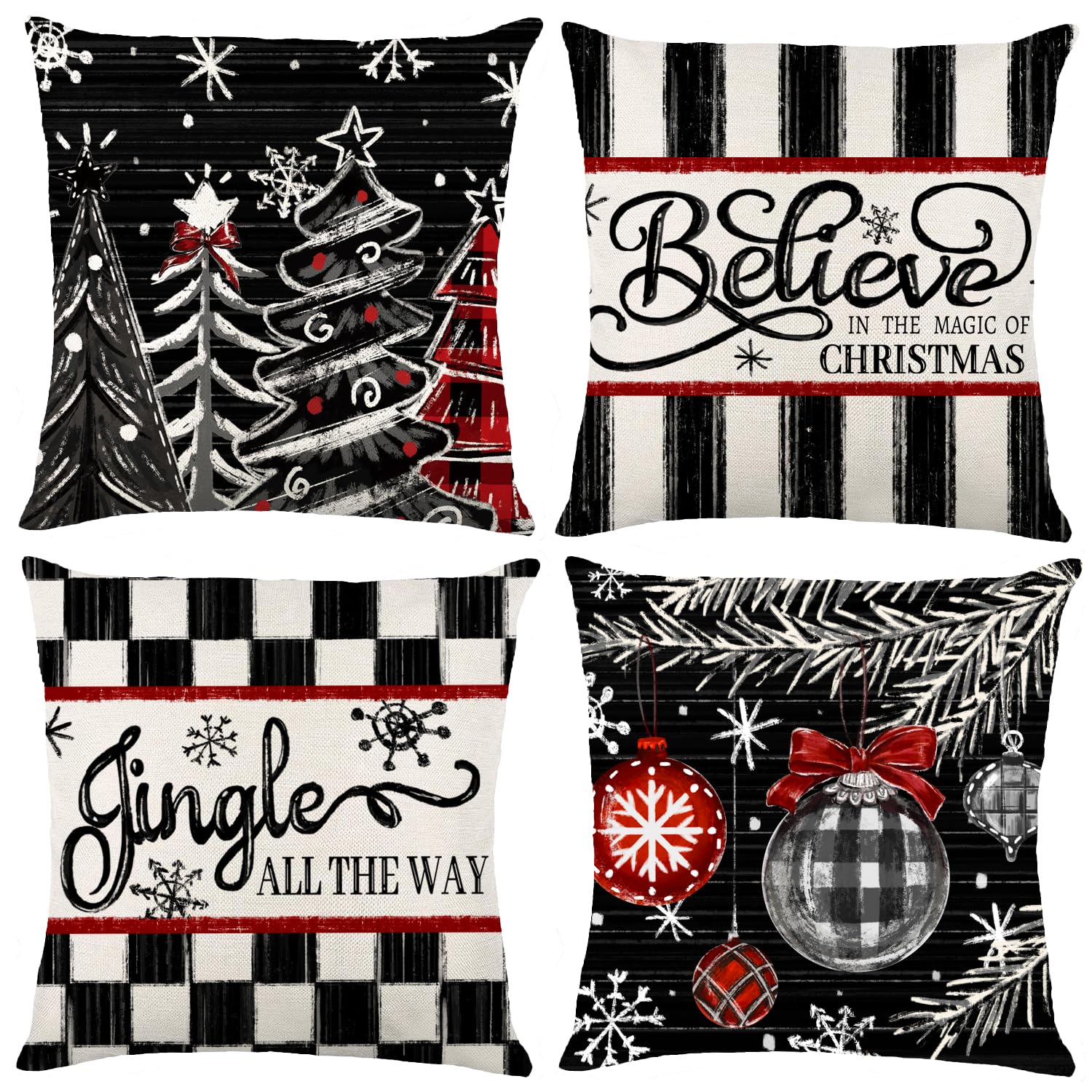 Heirloom Haven 4Pcs Christmas Pillow Covers Decoration,18X18In Black Xmas Trees Pillow Case Plaid Throw Pillow Covers Cushion Ca