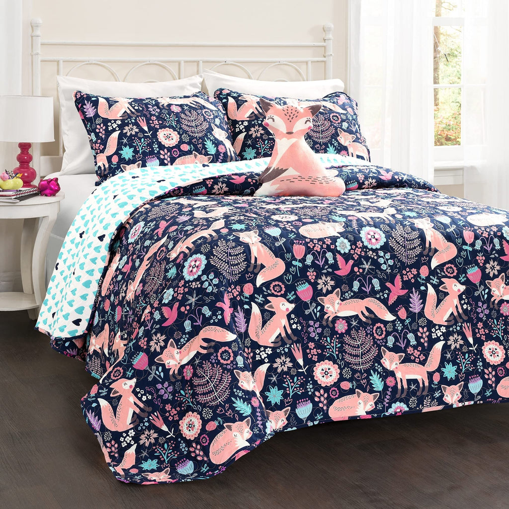 Lush Decor Pixie Fox Reversible Quilt Set, 3 Piece Set, Twin, Navy & Pink - Twin Bedding Sets For Girls - Whimsical Quilt For Ki