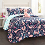 Lush Decor Pixie Fox Reversible Quilt Set, 3 Piece Set, Twin, Navy & Pink - Twin Bedding Sets For Girls - Whimsical Quilt For Ki