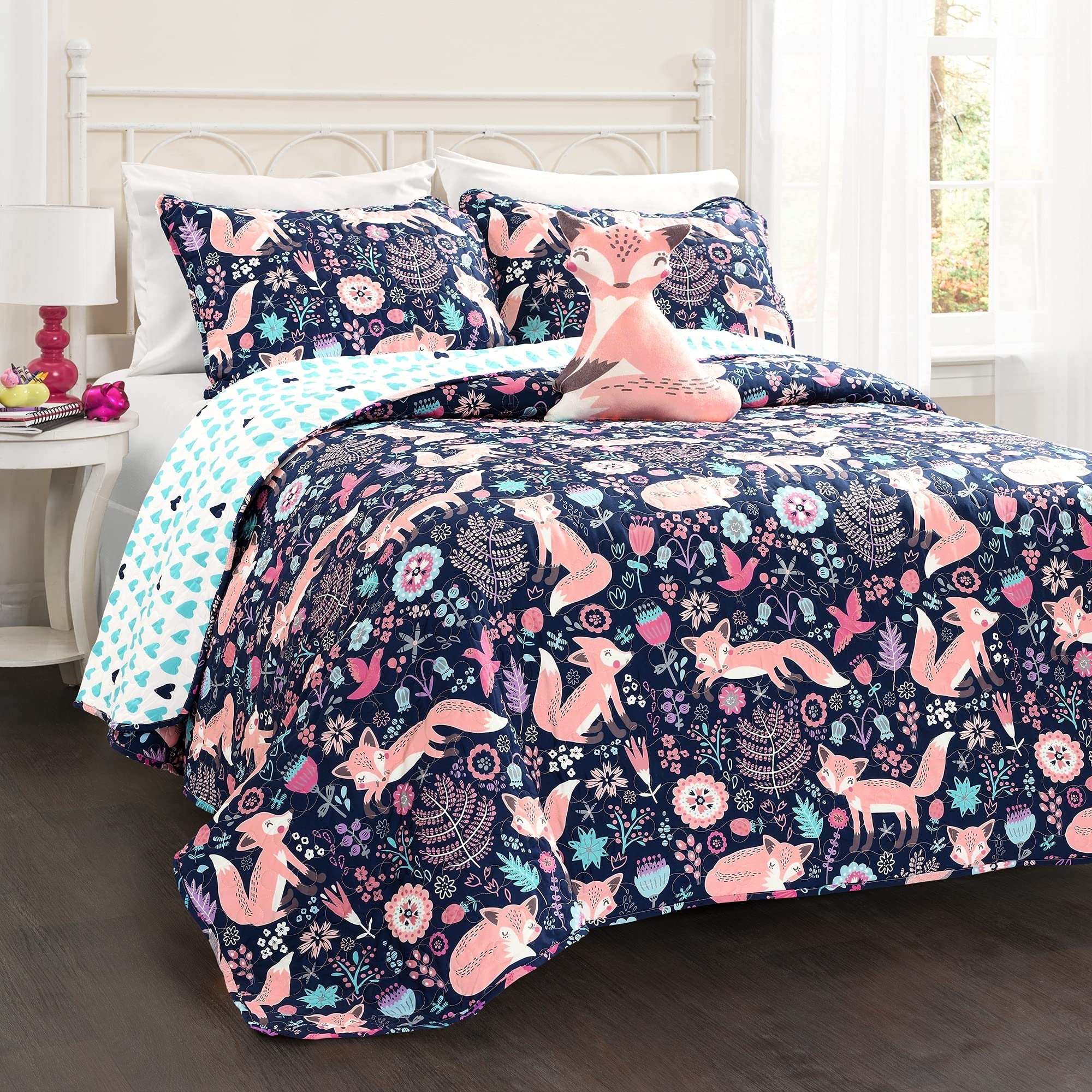 Lush Decor Pixie Fox Reversible Quilt Set, 3 Piece Set, Twin, Navy & Pink - Twin Bedding Sets For Girls - Whimsical Quilt For Ki