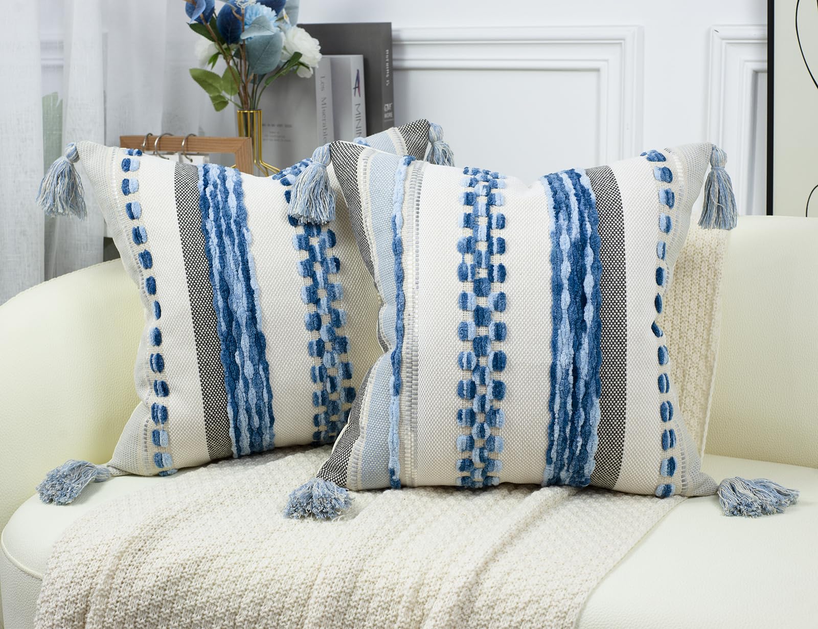 Panod Chenille Farmhouse Throw Pillow Covers 16 X 16 Blue, Neutral Boucle Couch Pillow Cover, Striped Decorative Boho Coushion C