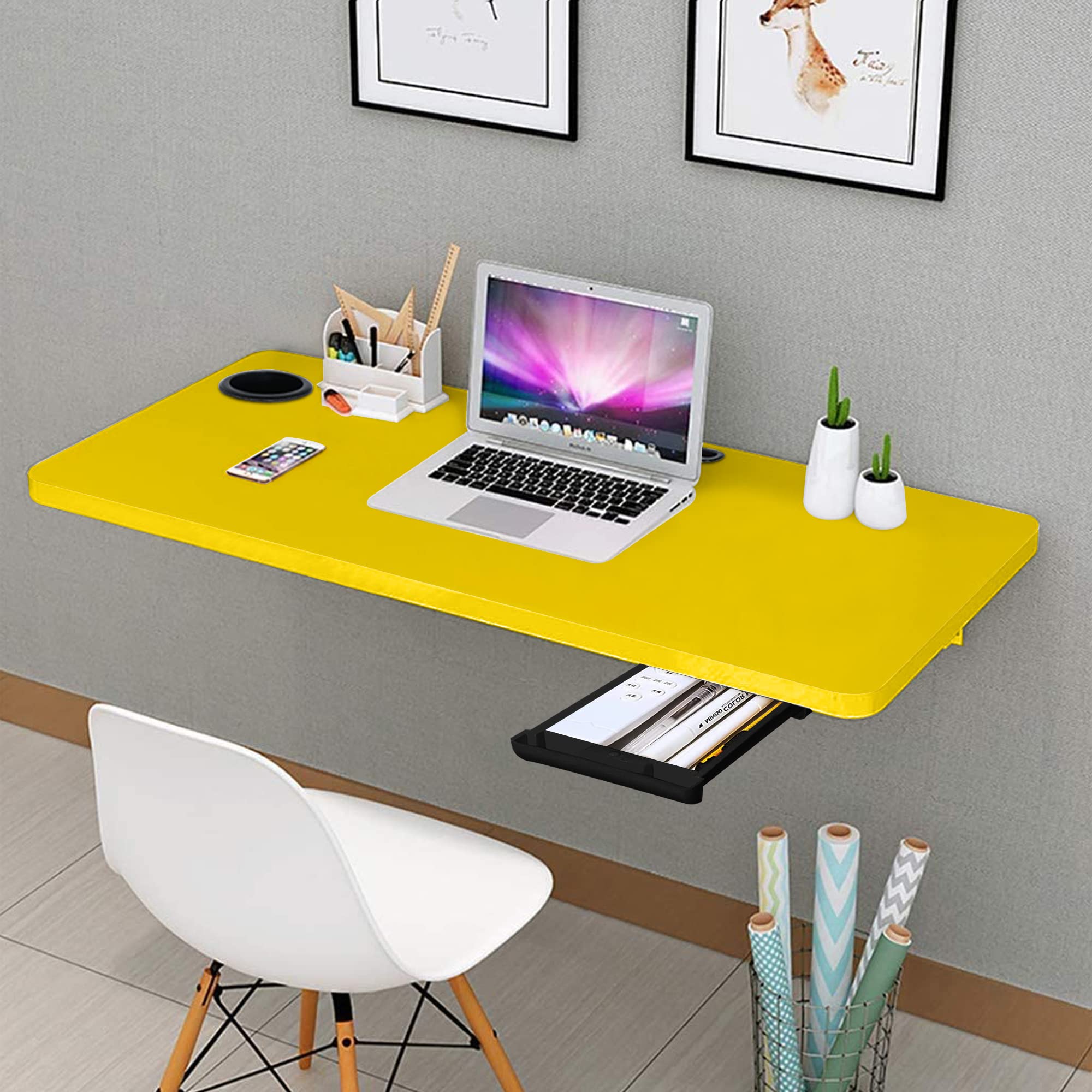 QARA Wood 31X18.5 Inches Wall Mounted Table With Cup Holder & Drawer | Wall Table | Folding Table For Wall | Wall Mount Study Ta