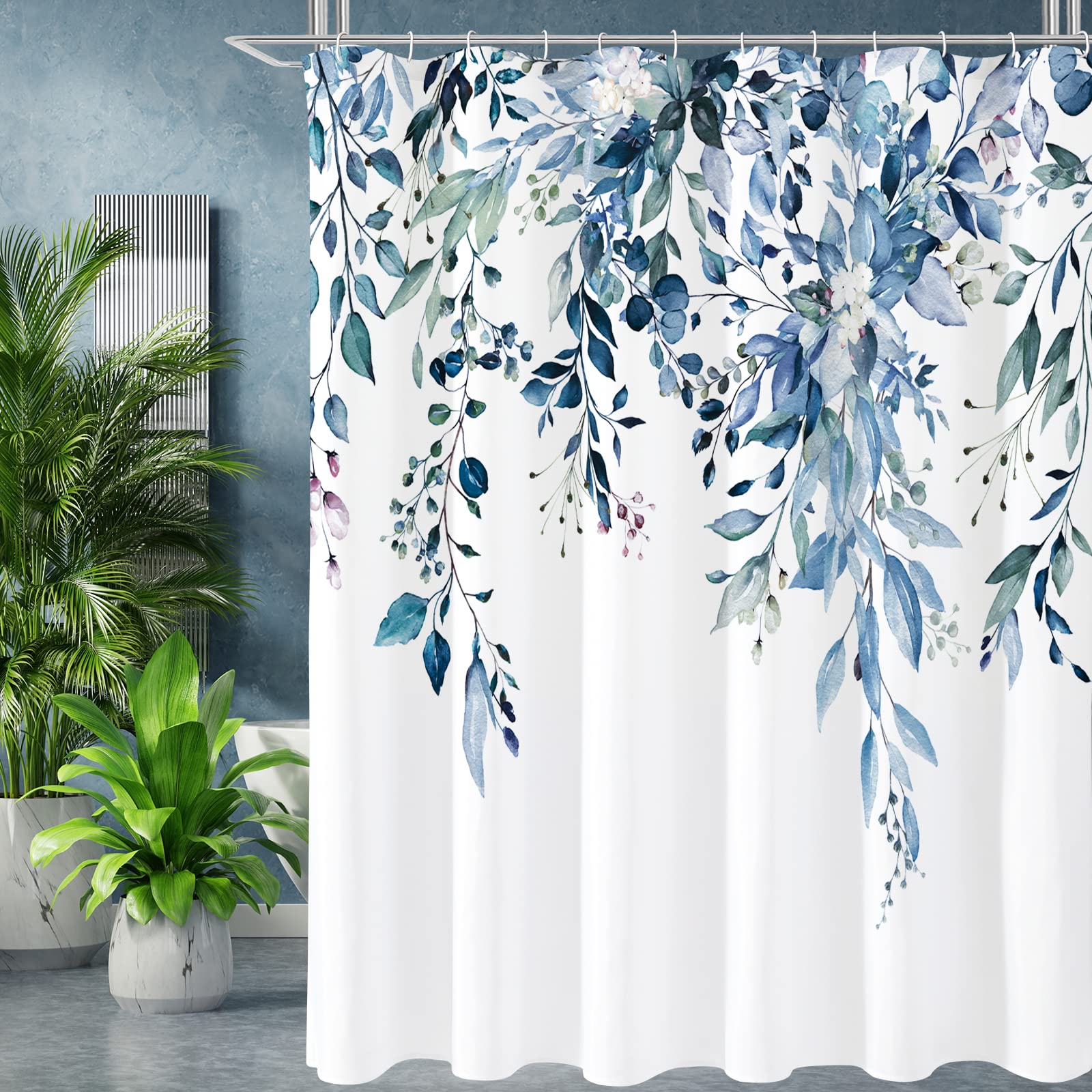 Gibelle Long Shower Curtain 72 x 78, Blue Floral Shower Curtain for Bathroom, Watercolor Plant Eucalyptus Leaves Fabric Shower C