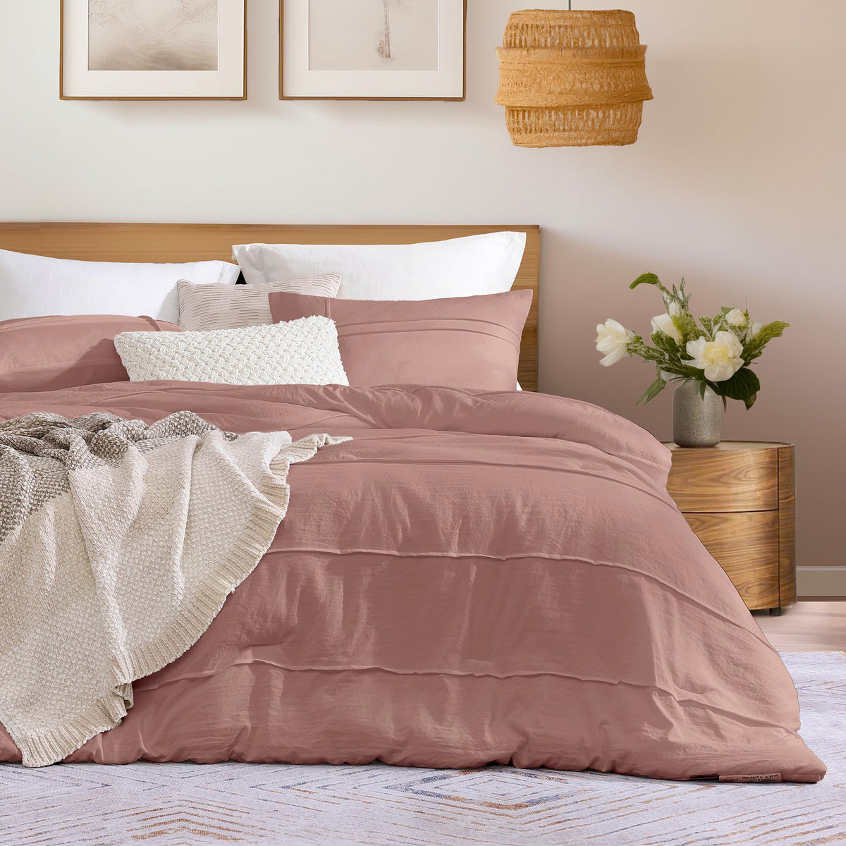 Amberspace Boho Pink Comforter Full Size, Pinch Pleat Bed Sets Full 3 Piece,Dorm Lightweight Comforter Full Size, Soft And Warm