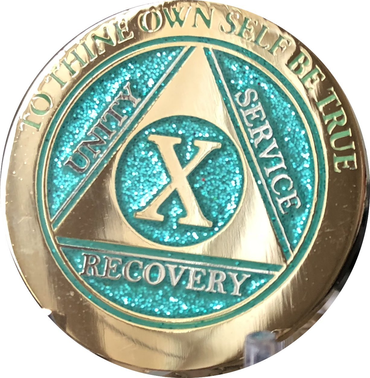 10 Year Elegant Glitter Aqua Turquoise Gold Silver Bi-Plated Aa Medallion Chip