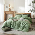 Amwan Simple Style Sage Green Duvet Cover King Size Soft 100% Washed Cotton Bedding Sets Solid Color Light Green Comforter Cover