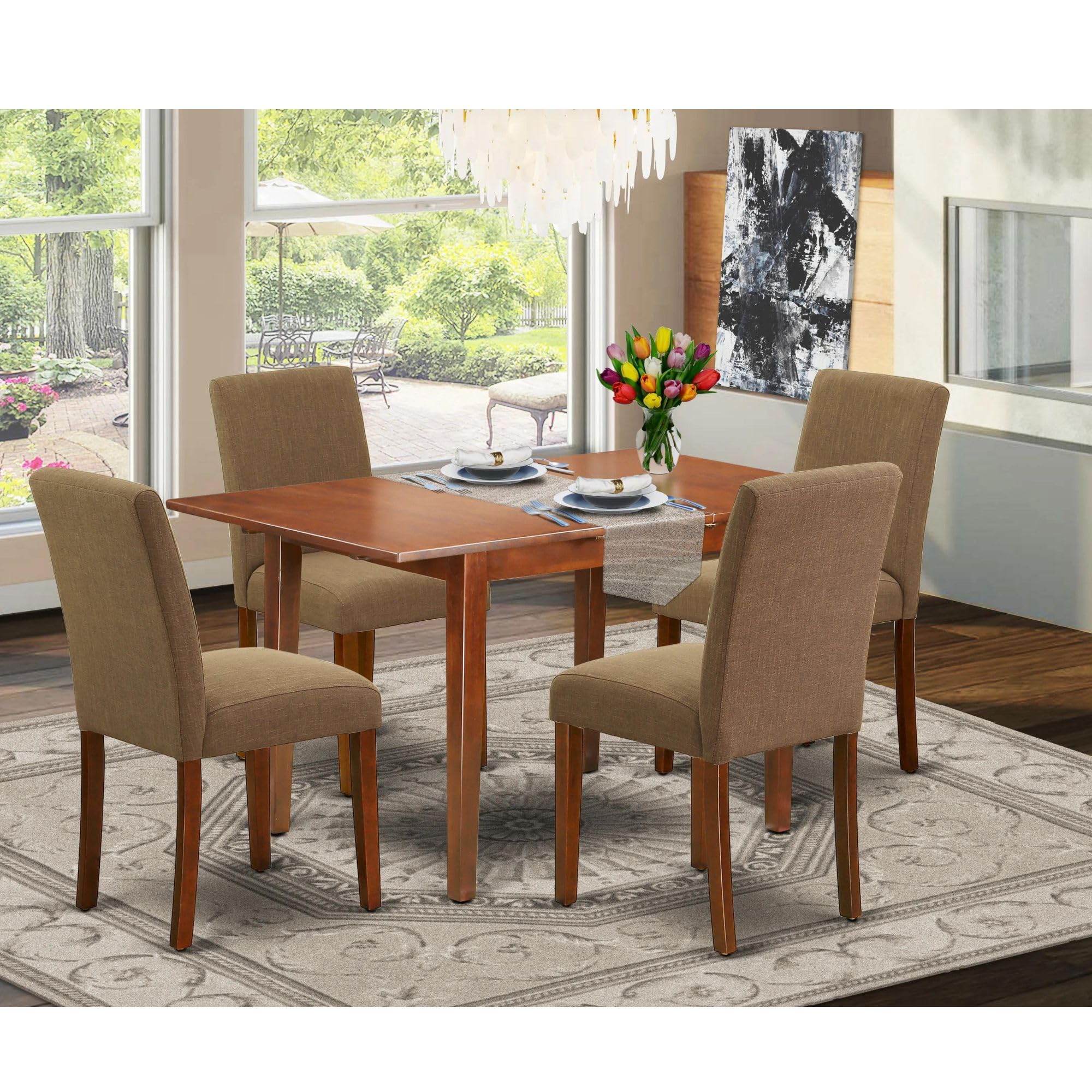 East West Furniture Psab5-Mah-18 5 Piece Modern Dining Table Set Includes A Rectangle Wooden Table With Butterfly Leaf And 4 Coffee Linen Fabric Parson Chairs, 32X60 Inch, Mahogany