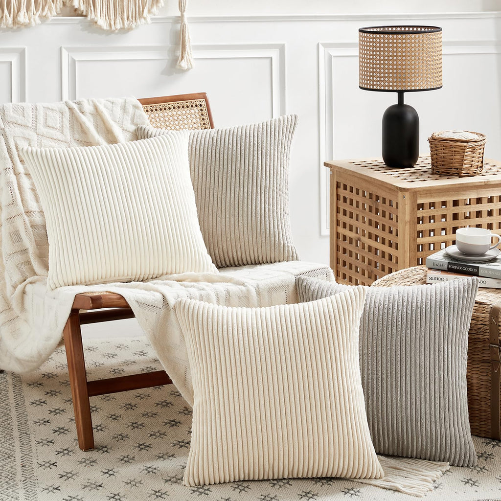 Fancy Homi Set of 4 Neutral Decorative Throw Pillow Covers 18x18 Inch for Couch Bed Sofa Bedroom, Modern Farmhouse Boho Home Dec