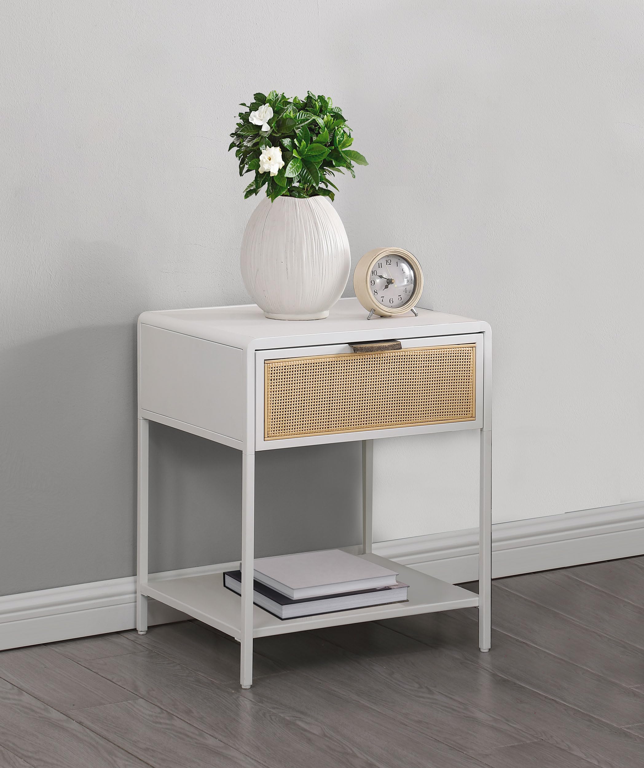 Coaster Home Furnishings Amherst 1-Drawer Radio Weave Cane Metal Bedside Table White