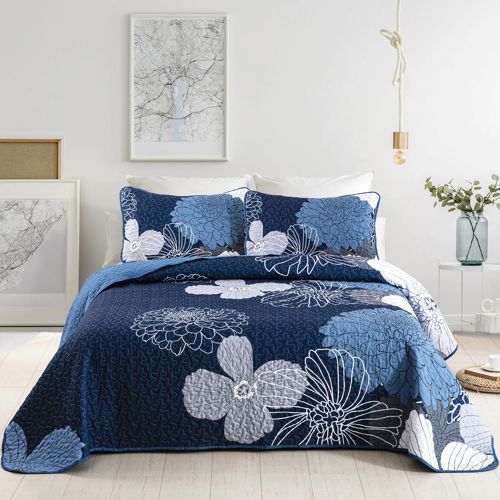 Navy Blue Floral Quilts Set California King Size 3 Pieces Reversible Microfiber Coverlet Bedding Set With 2 Pillowcases, All Sea