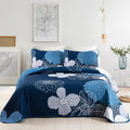3 Pieces Navy Blue Floral Pattern Quilts Set Queen Size - Reversible Microfiber Flowers Pattern Coverlet Bedding Set With 2 Pill