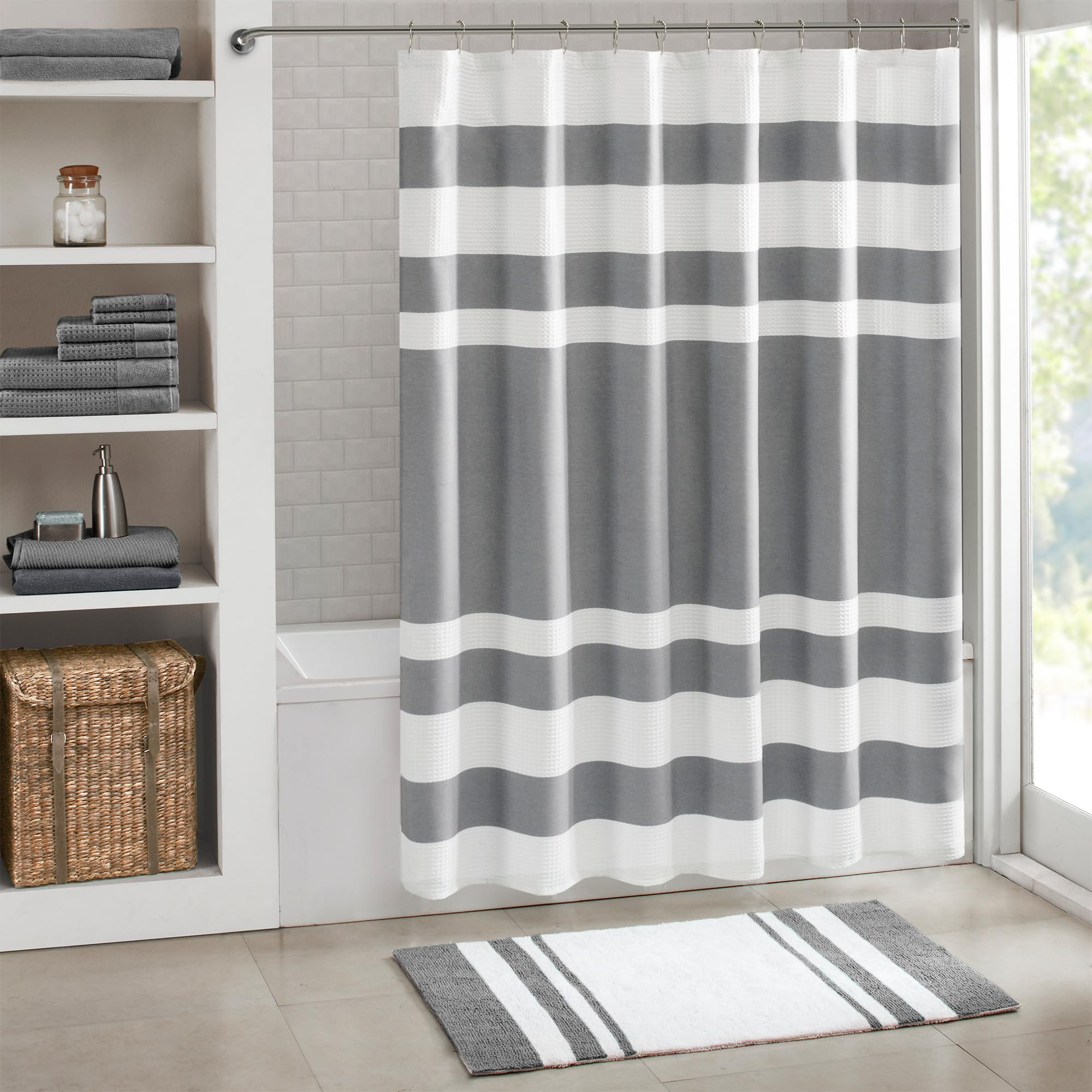 Madison Park Spa Waffle Shower Curtain Pieced Fabric With 3M Scotchgard Moisture Management, Premium Spa Quality Modern Shower Curtains For Bathroom, Standard 72X72, Charcoal