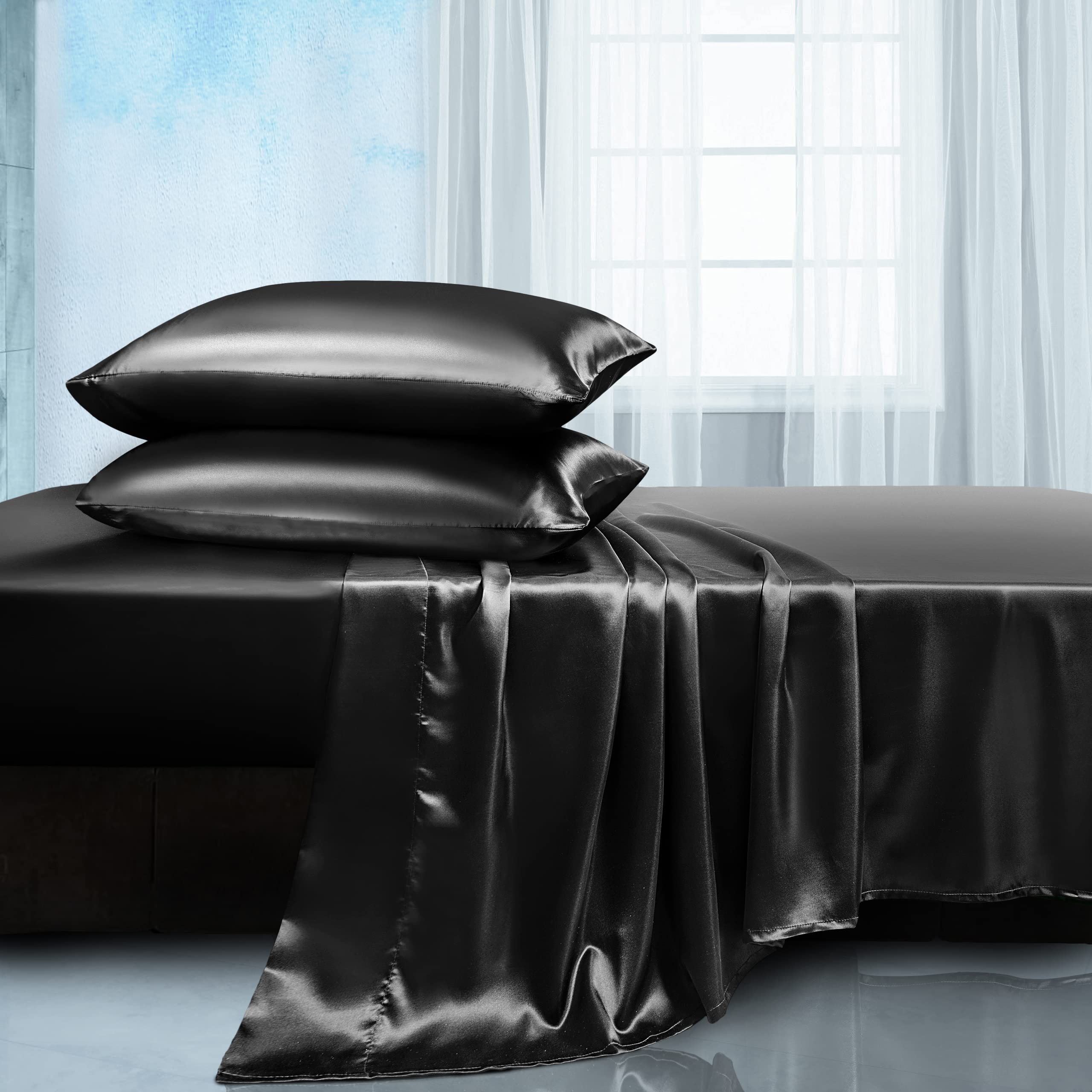 Manyshofu Satin King Sheets Set 4 Piece - Soft Silky Satin Sheets Set, Black Satin Bed Sheets Cooling & Luxury Bedding Sheet Set