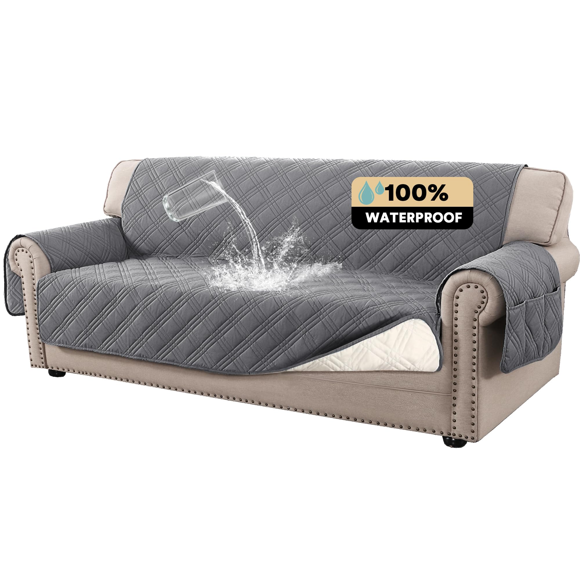 Princedeco 100% Waterproof Couch Cover For 3 Cushion Couch Sofa Pet Friendly Non-Slip Couch Cover For Dogs Washable Water Resistant Furniture Protector With Elastic Straps(Xl Sofa 78', Grey)