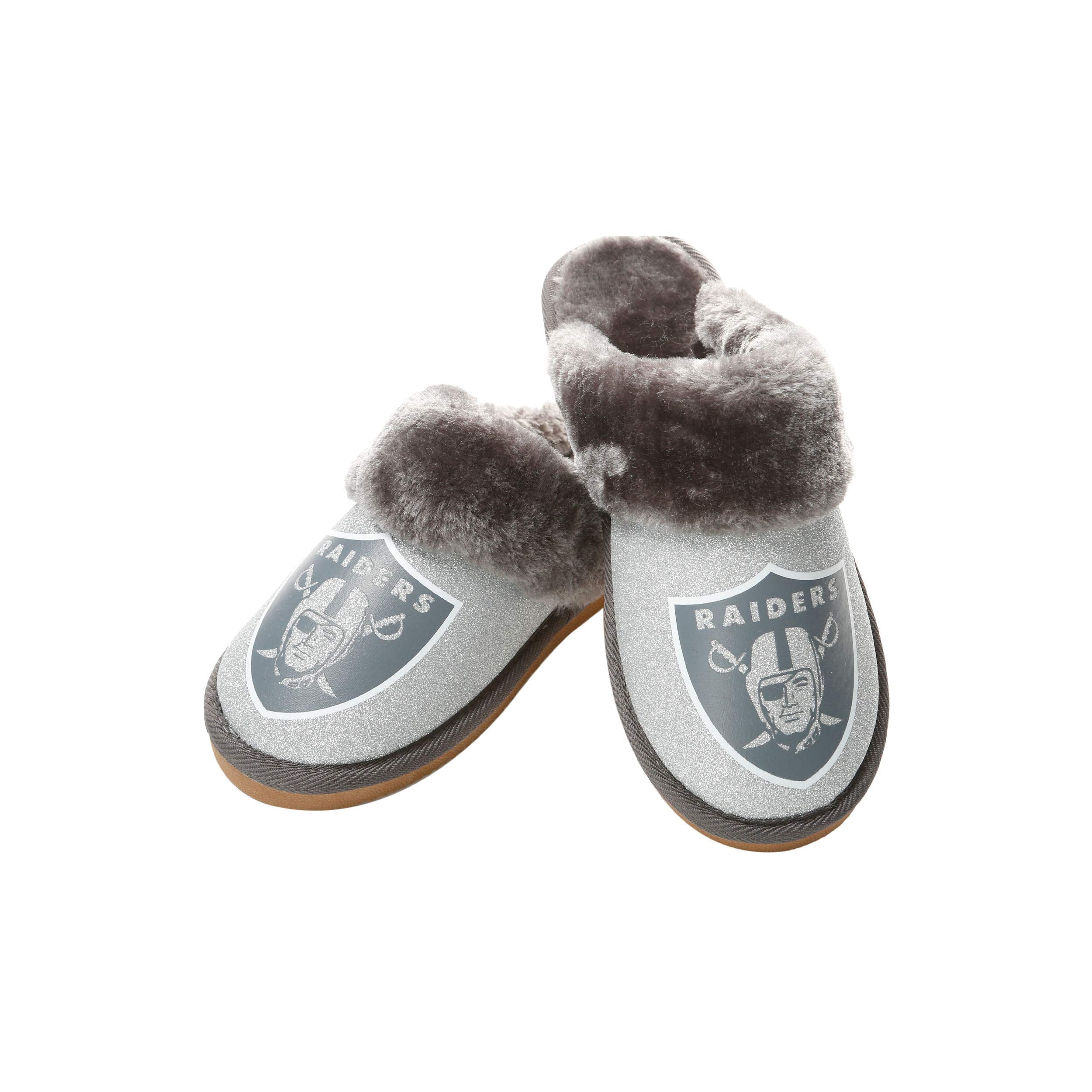 Las Vegas Raiders Nfl Womens Glitter Open Back Faux Fur Moccasin - Xl (11-12)