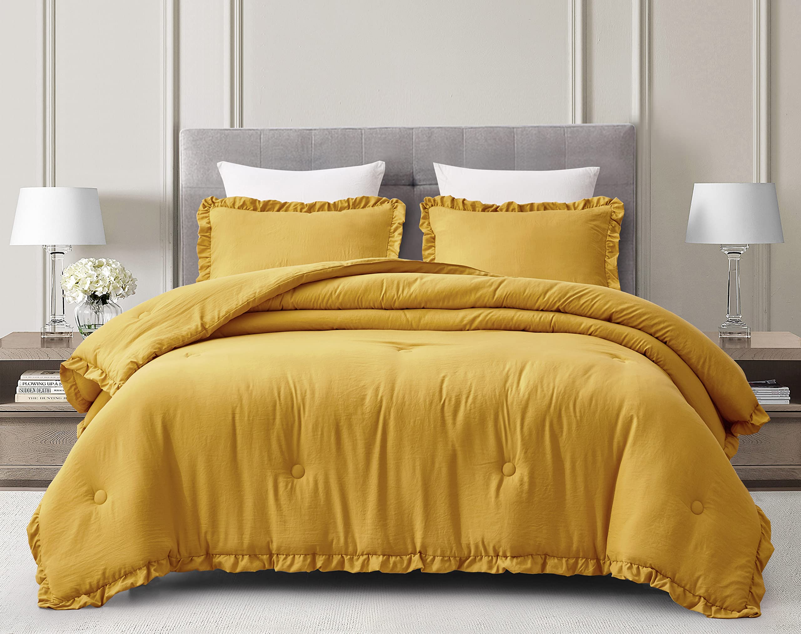 Chezmoi Collection Nora Mustard Yellow Comforter Set Full Size 3-Piece Fluffy Soft Lightweight Bedding Ruffled Edge Trim Stone-W