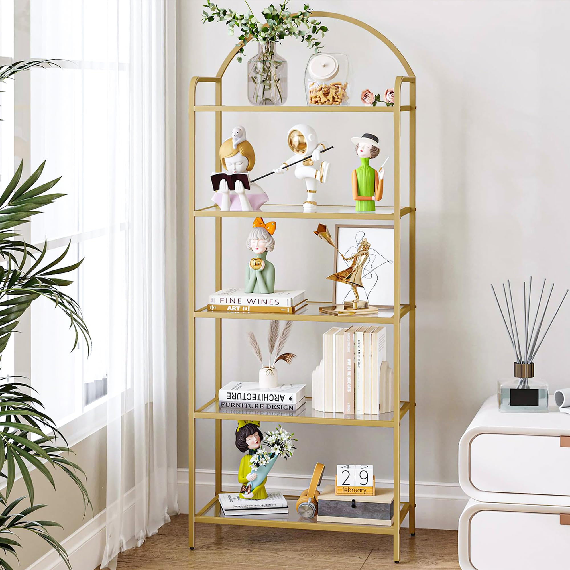 Hzuaneri Bookcase Bookshelf, Tempered Glass Bookshelves, Slim Shelving Unit For Bedroom, Bathroom, Home Office, Steel Frame, 5 Tier Gold Bc21599G