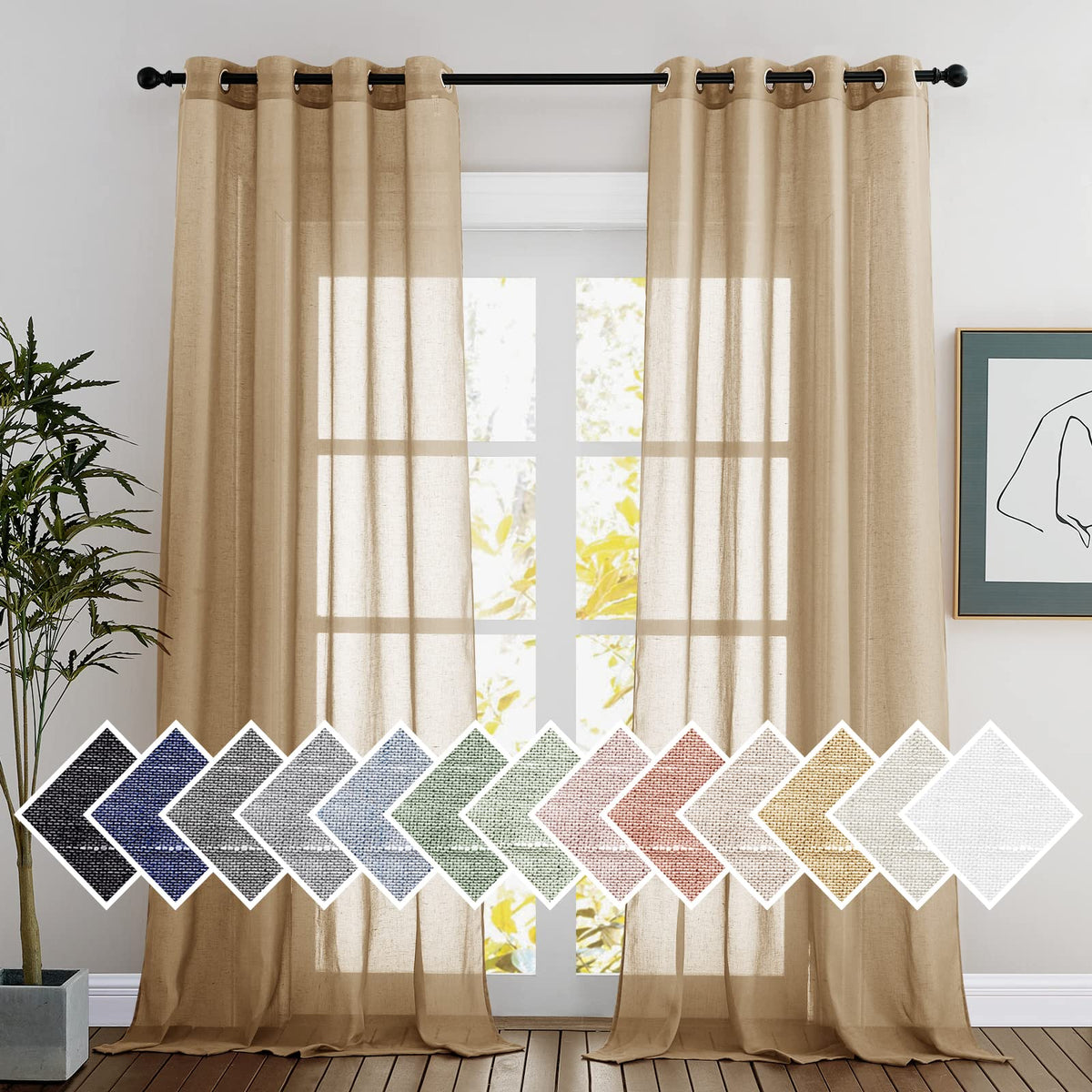 Nicetown Natural Linen Blend Semi Sheer Curtains, Grommet Top Bedroom Window Privacy With Light Penetration Flax Sheer Drapes Fo