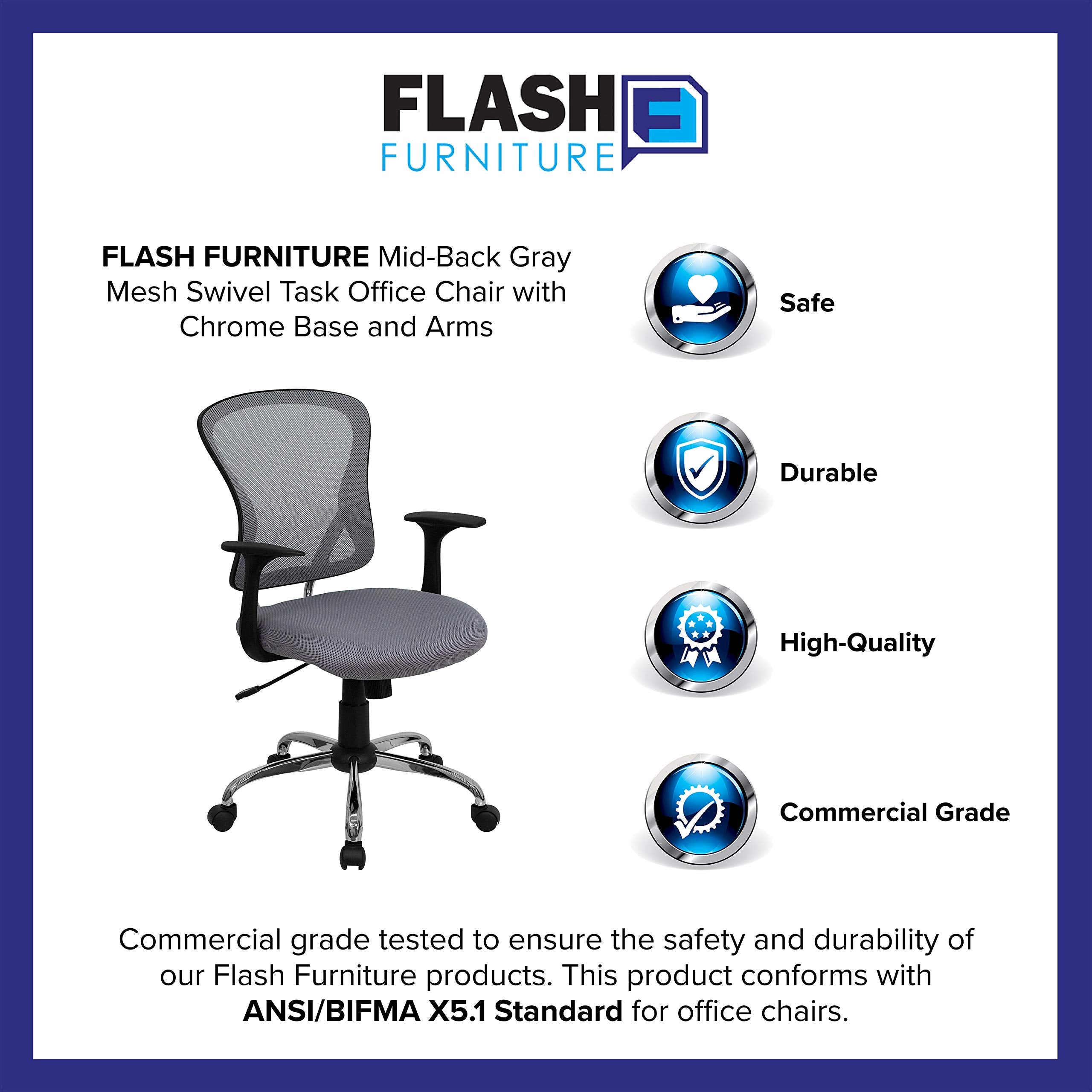Flash Furniture Alfred Mid-Back Gray Mesh Swivel Task Office Chair with Chrome Base and Arms