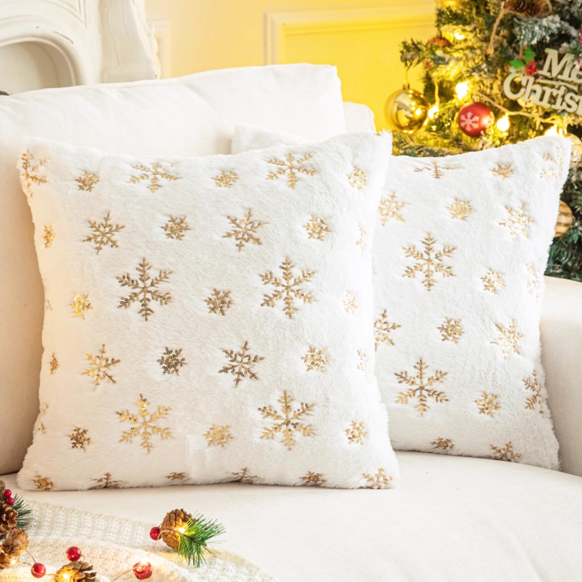 Aqothes Faux Fur Fuzzy Decorative Throw Pillows Covers, Soft Plush With Snowflake Sequins Glitter Cute Throw Pillows For Christm