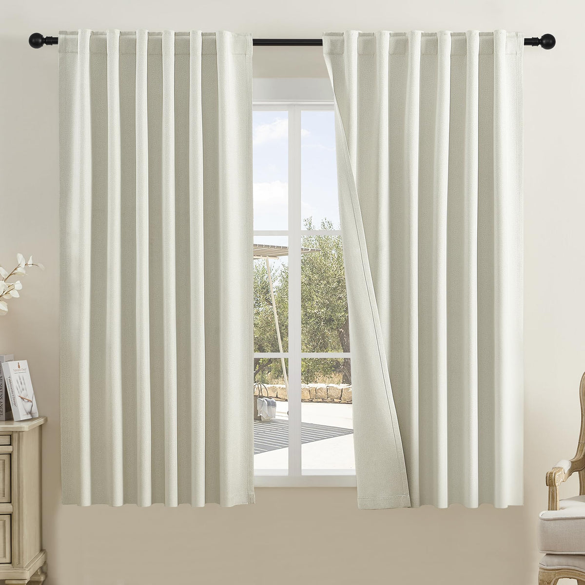 Dualife Faux Linen Curtains 63 Inch Length For Bedroom -Rod Pocket And Back Tab Thermal Insulated Window Panels Room Darkening B