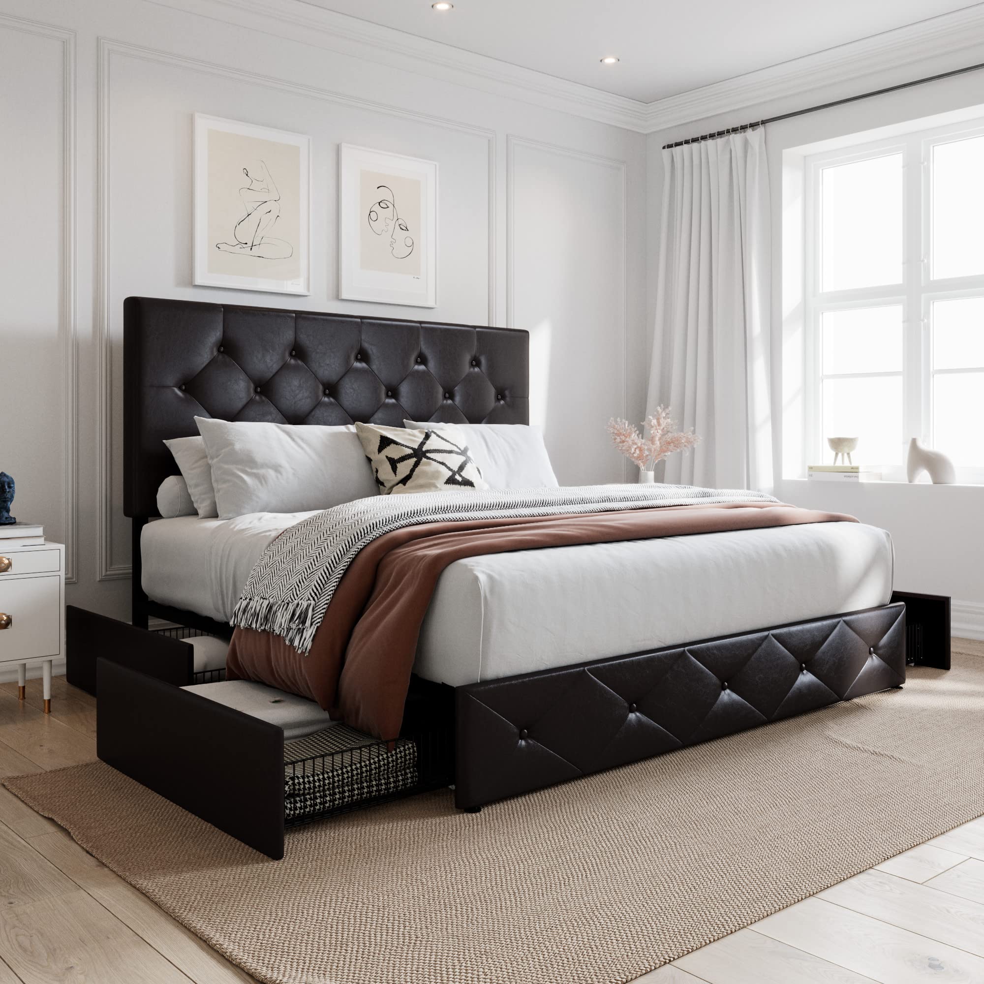SHA CERLIN Upholstered Queen Platform Storage Bed Frame with 4 Drawers, Adjustable Headboard with Faux Leather Diamond Button Tu