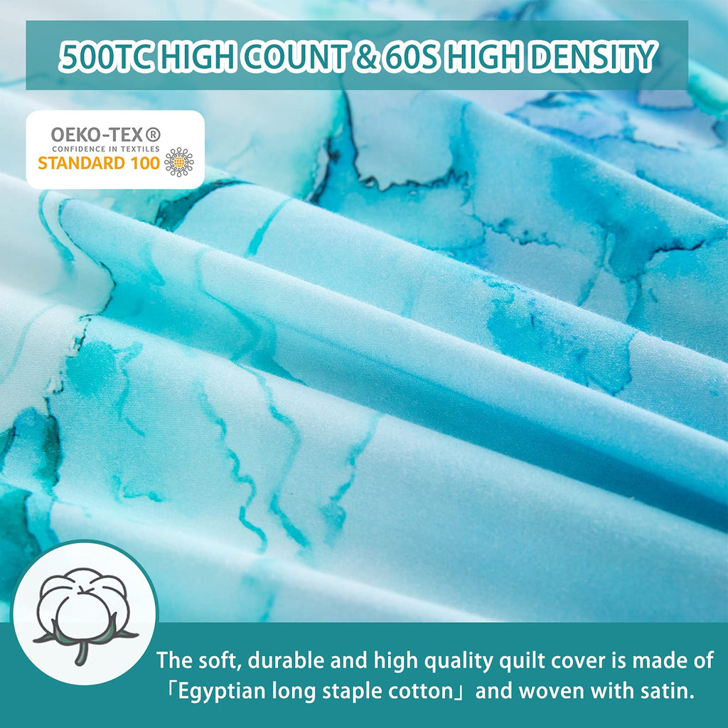 Mildly 100% Long-Staple Cotton Duvet Cover Set Aqua Watercolor Marble Pattern Printed Comforter Cover 3Pcs, Ultra Soft & Breatha