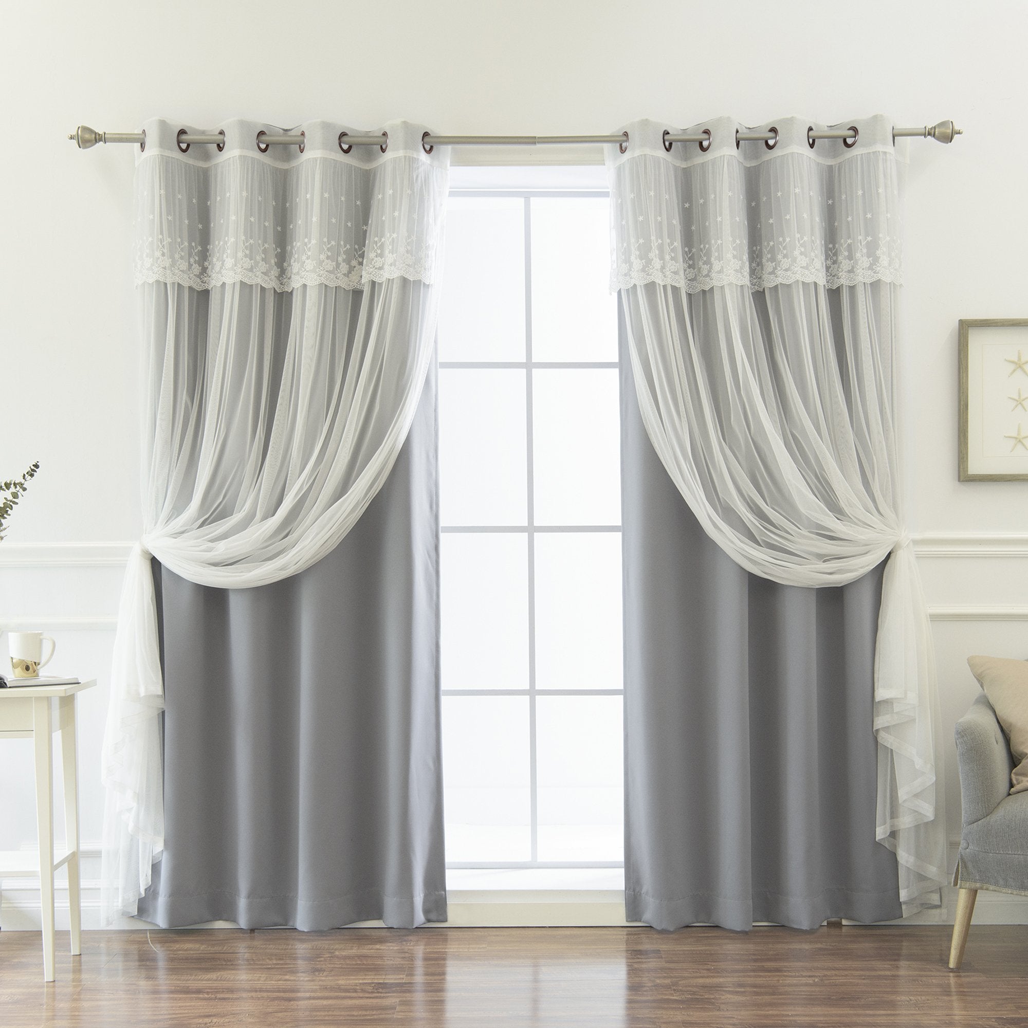 Best Home Fashion uMIXm Mix and Match Tulle Sheer with Attached Valance & Solid Blackout 4 Piece Curtain Set - Stainless Steel N