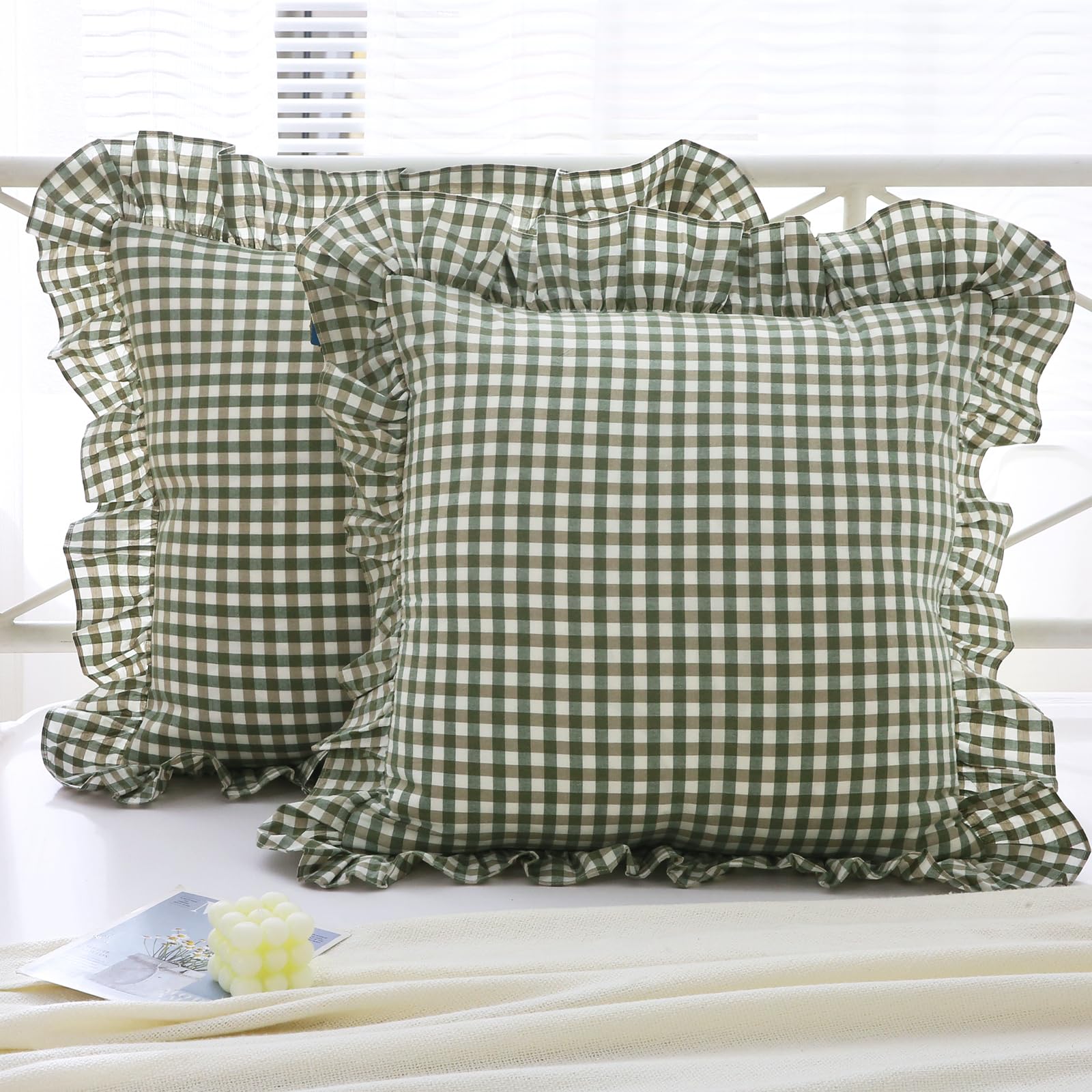 Mywinlle Sage Green Plaid Ruffle Euro Pillow Shams 26''X26'',2 Pack Vintage Checkered Washed Cotton Pillow Cases For Bed, Sofa,