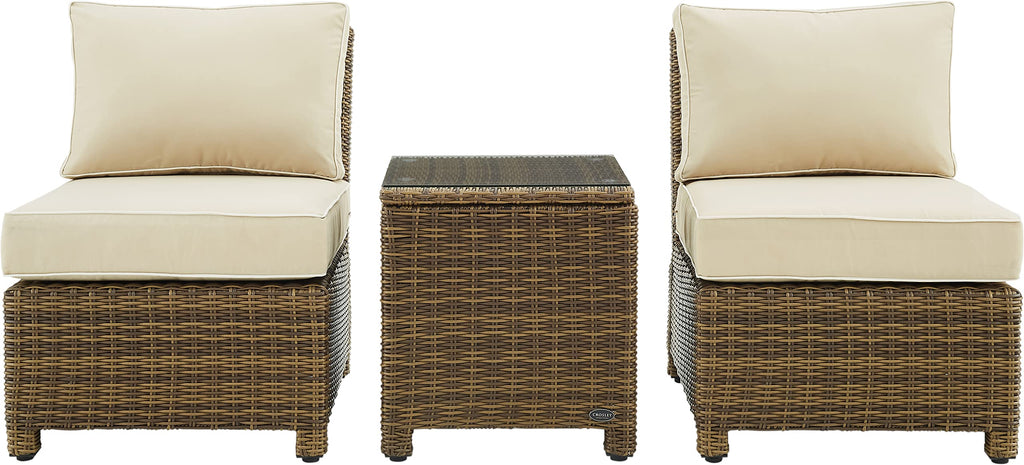 Crosley Furniture Bradenton 3-Piece Outdoor Chair and Side Table Set, Wicker Patio Conversation Sets, Brown with Sand Cushions