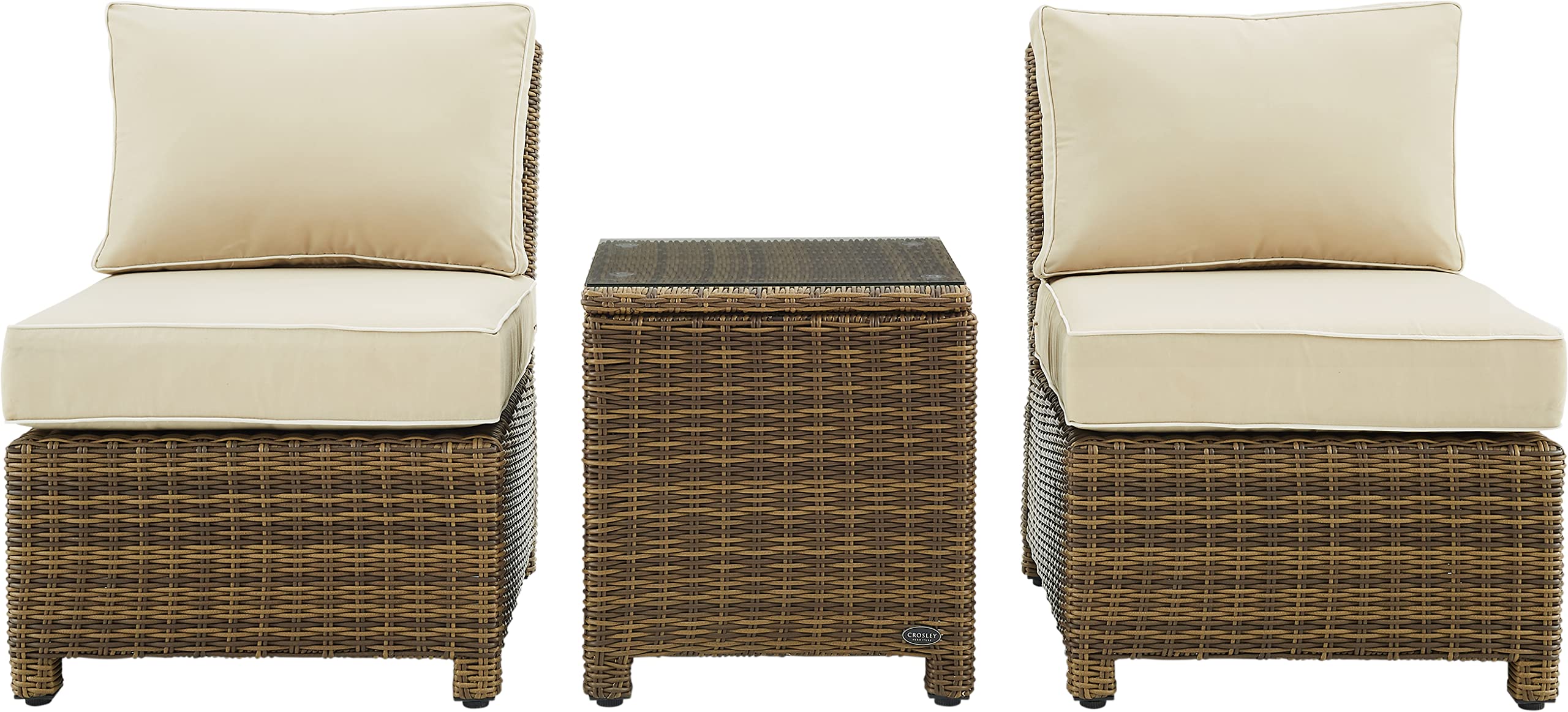 Crosley Furniture Bradenton 3-Piece Outdoor Chair and Side Table Set, Wicker Patio Conversation Sets, Brown with Sand Cushions