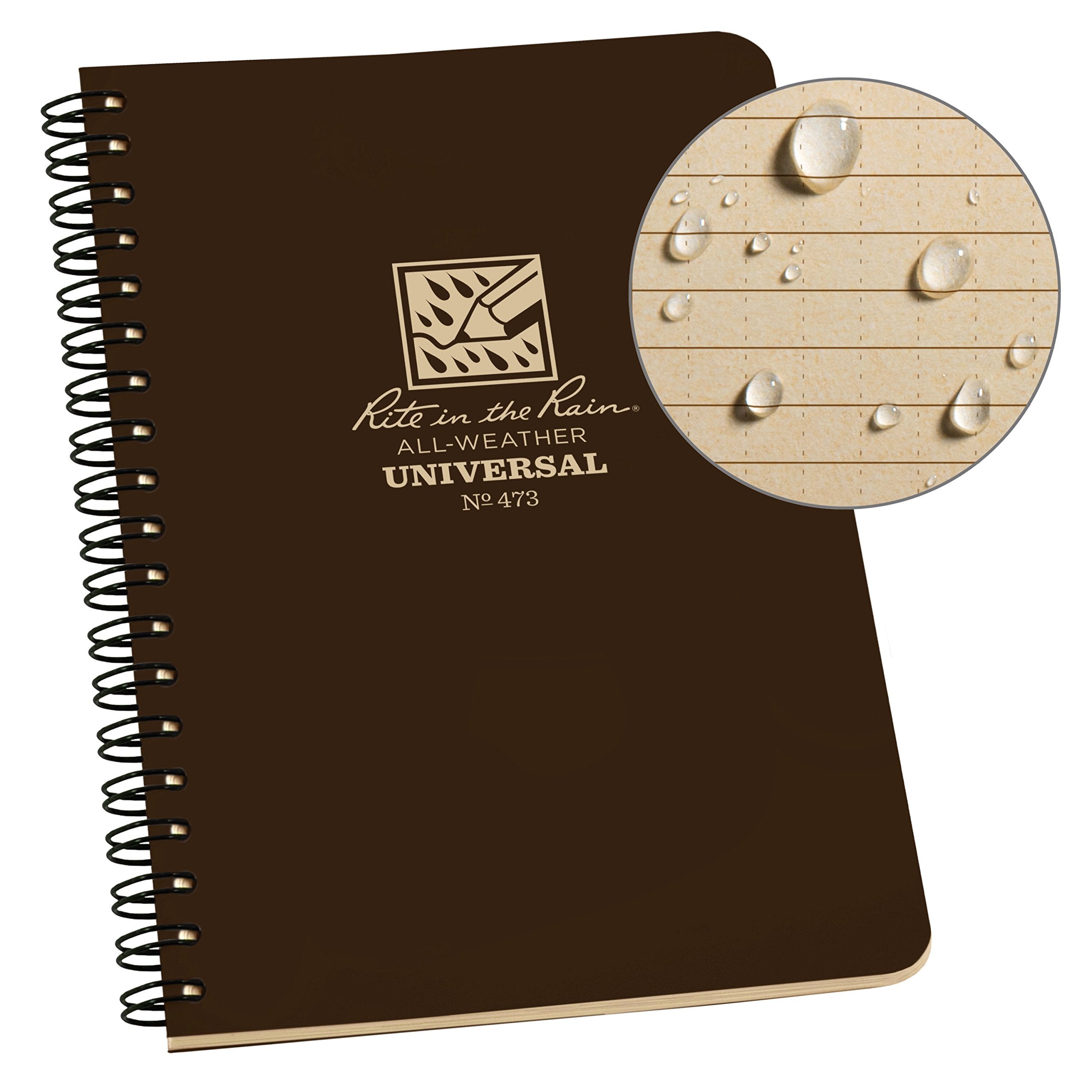 Rite In The Rain Weatherproof Side Spiral Notebook, 4.625' X 7', Brown Weatherproof Notepad, Universal Page Pattern (No. 473)