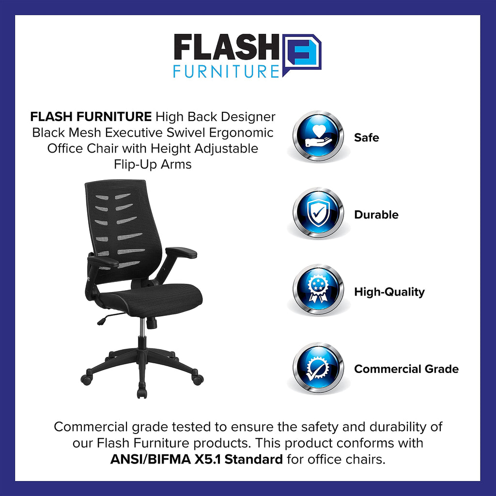 Flash Furniture Kale High Back Designer Black Mesh Executive Swivel Ergonomic Office Chair with Height Adjustable Flip-Up Arms