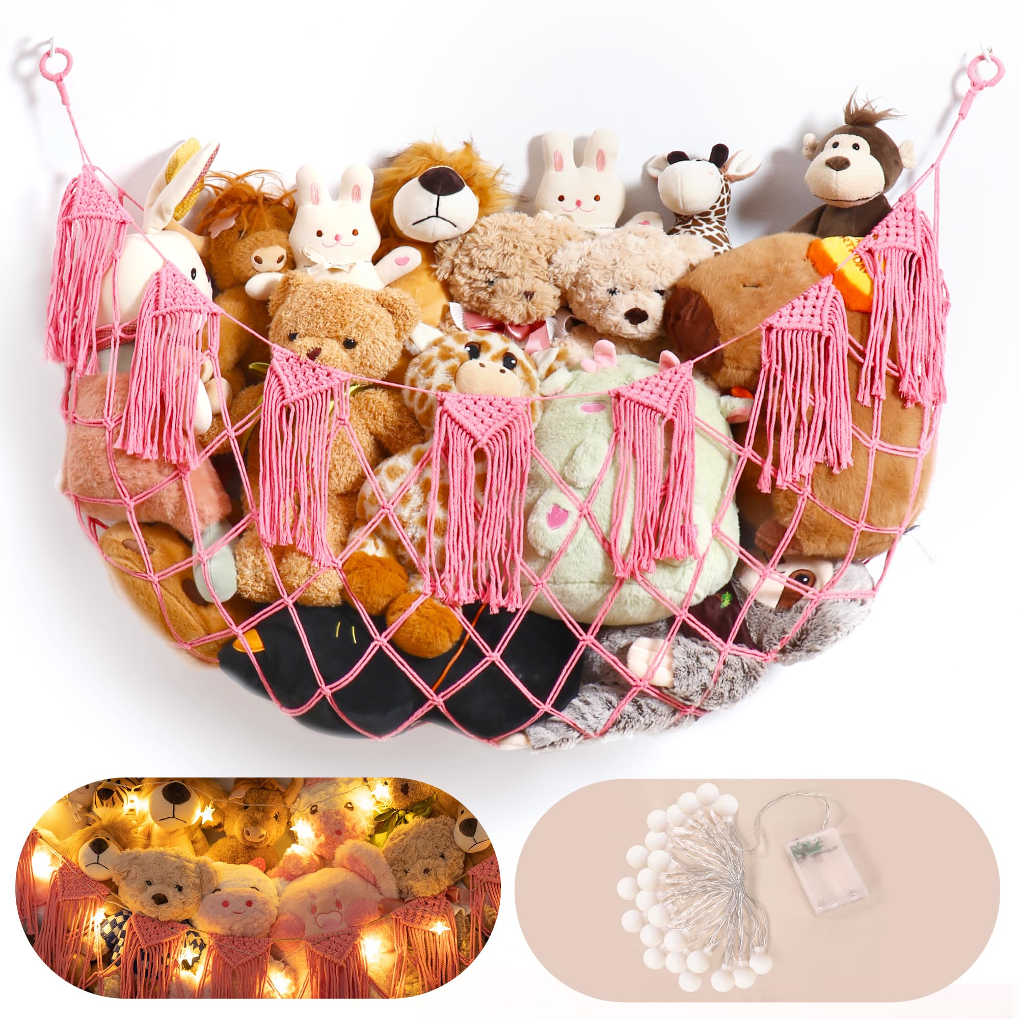 Macrame Stuffed Animal Hammock Toy Storage with Lights - Small Wall Net Toys Storage Stuff Animal Organizer Holder,Pink Room Dec