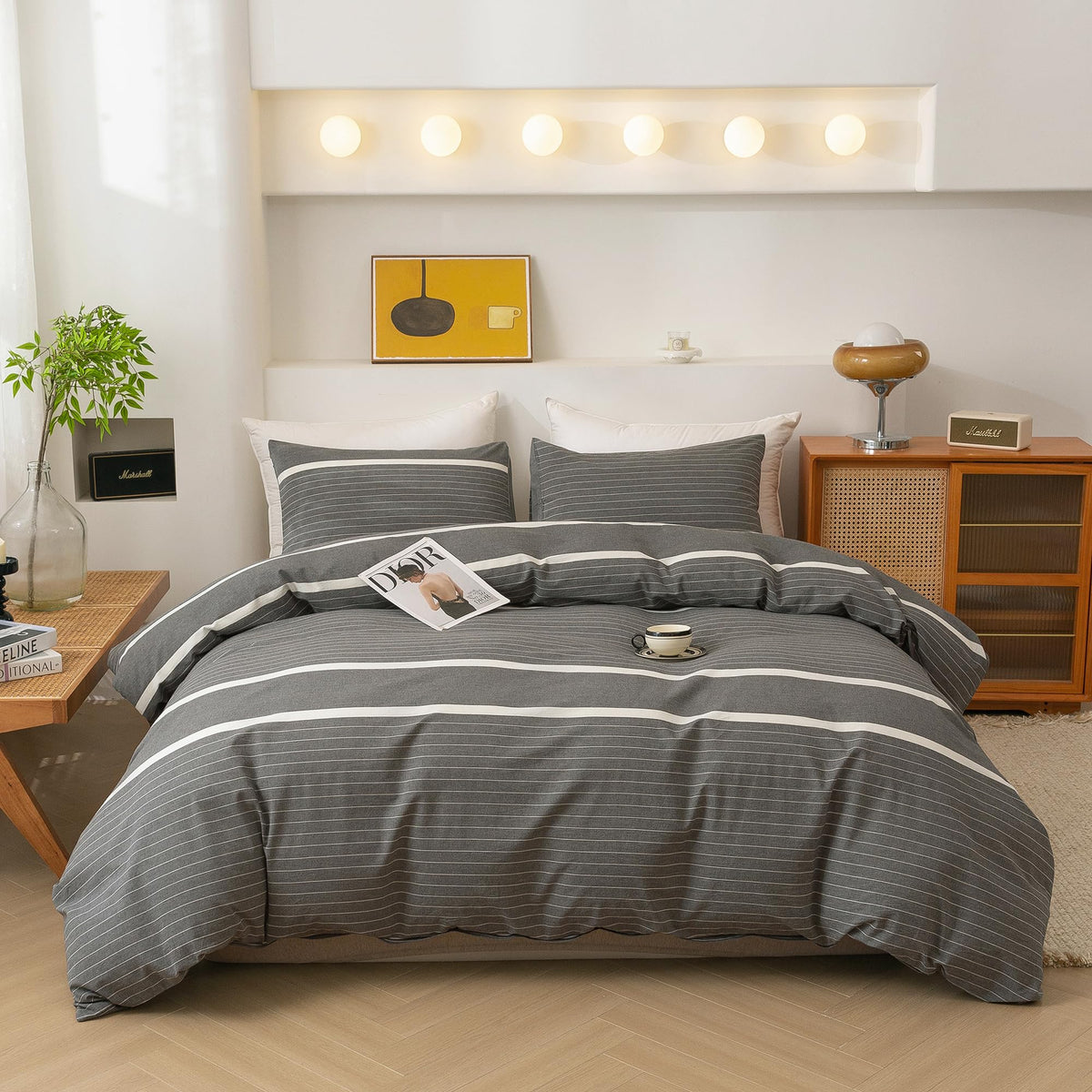 Ecocott Grey Striped Duvet Cover Oversized King Size, 100% Washed Cotton 3-Piece Bedding Set - Ultra Soft, Breathable & Easy Car